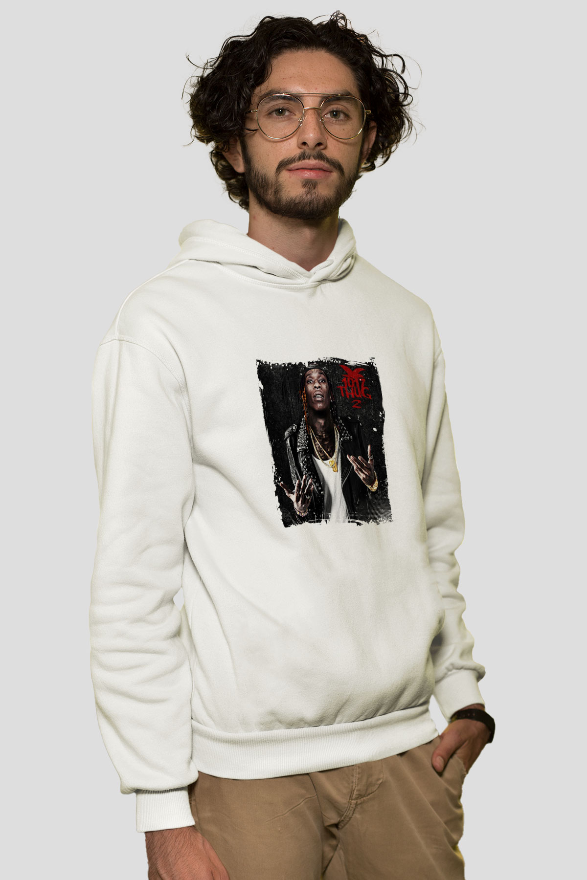 Young Thug Baskılı Unisex Beyaz Kapüşonlu Sweatshirt