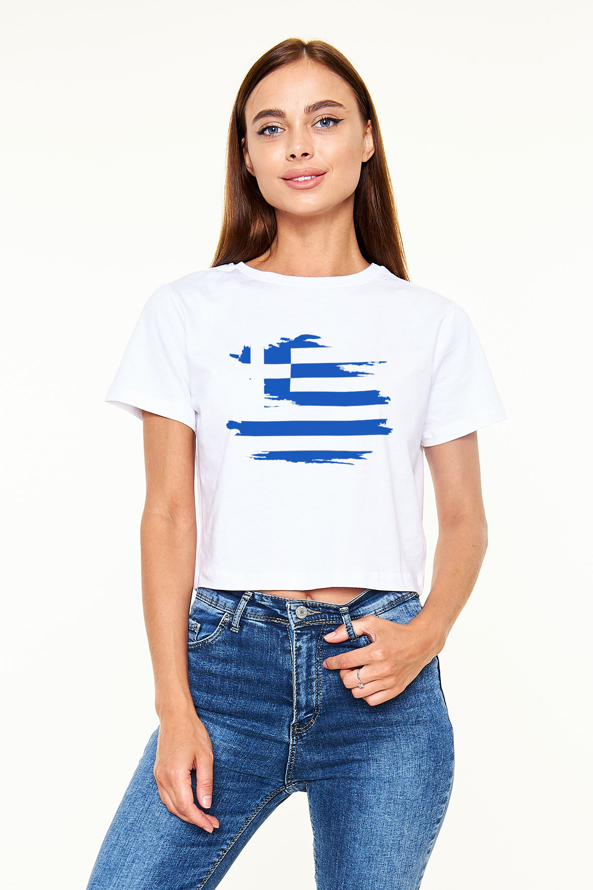 Yunanistan Beyaz Croptop Tişört