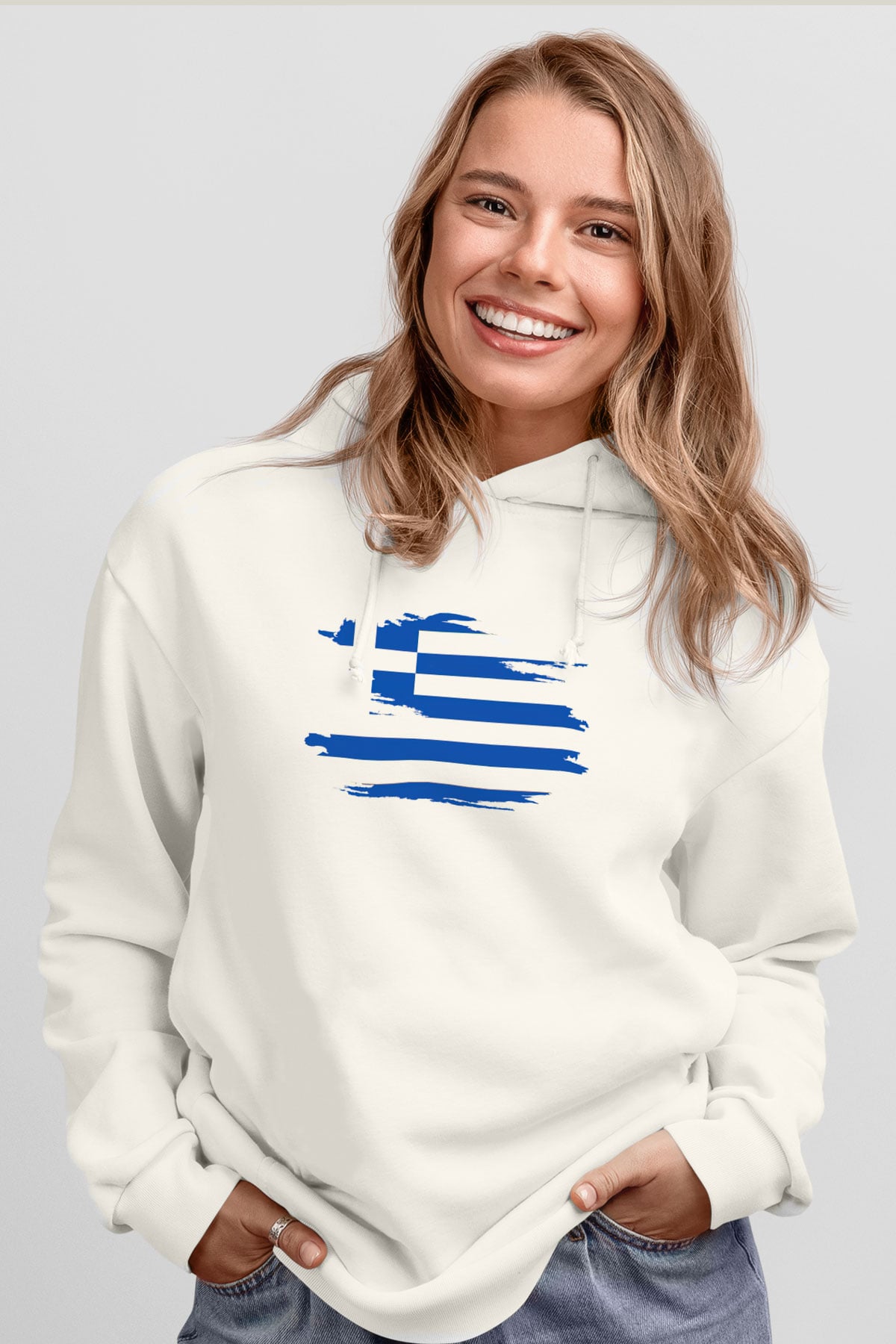 Yunanistan Beyaz Unisex Kapşonlu Sweatshirt