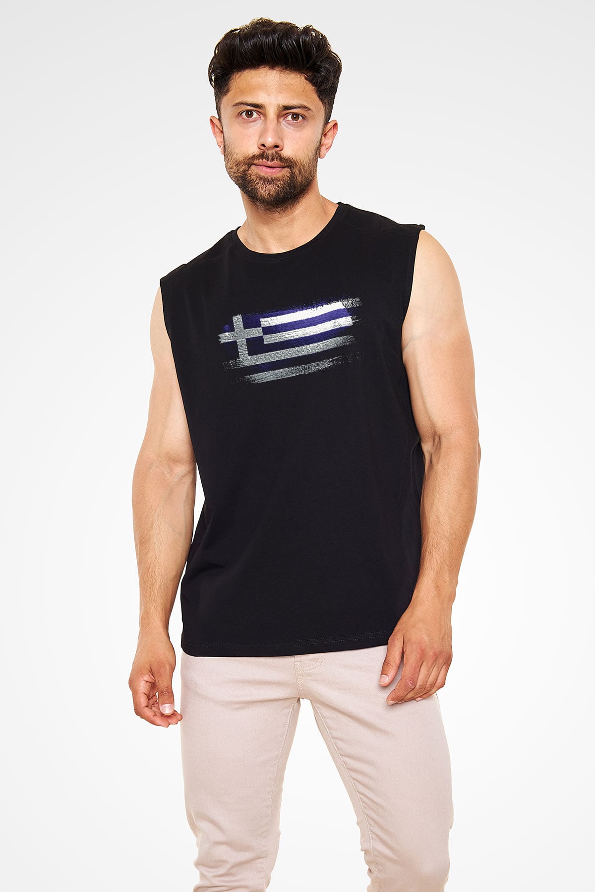 Yunanistan - Greece Bayrağı Baskılı Unisex Siyah Kolsuz Tişört