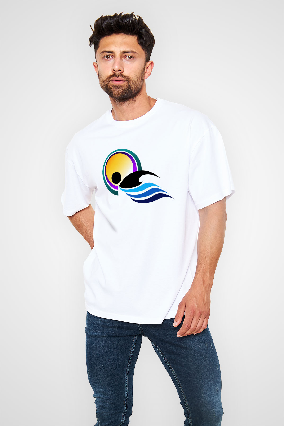 Yüzme Beyaz Unisex Oversize Tişört T-Shirt