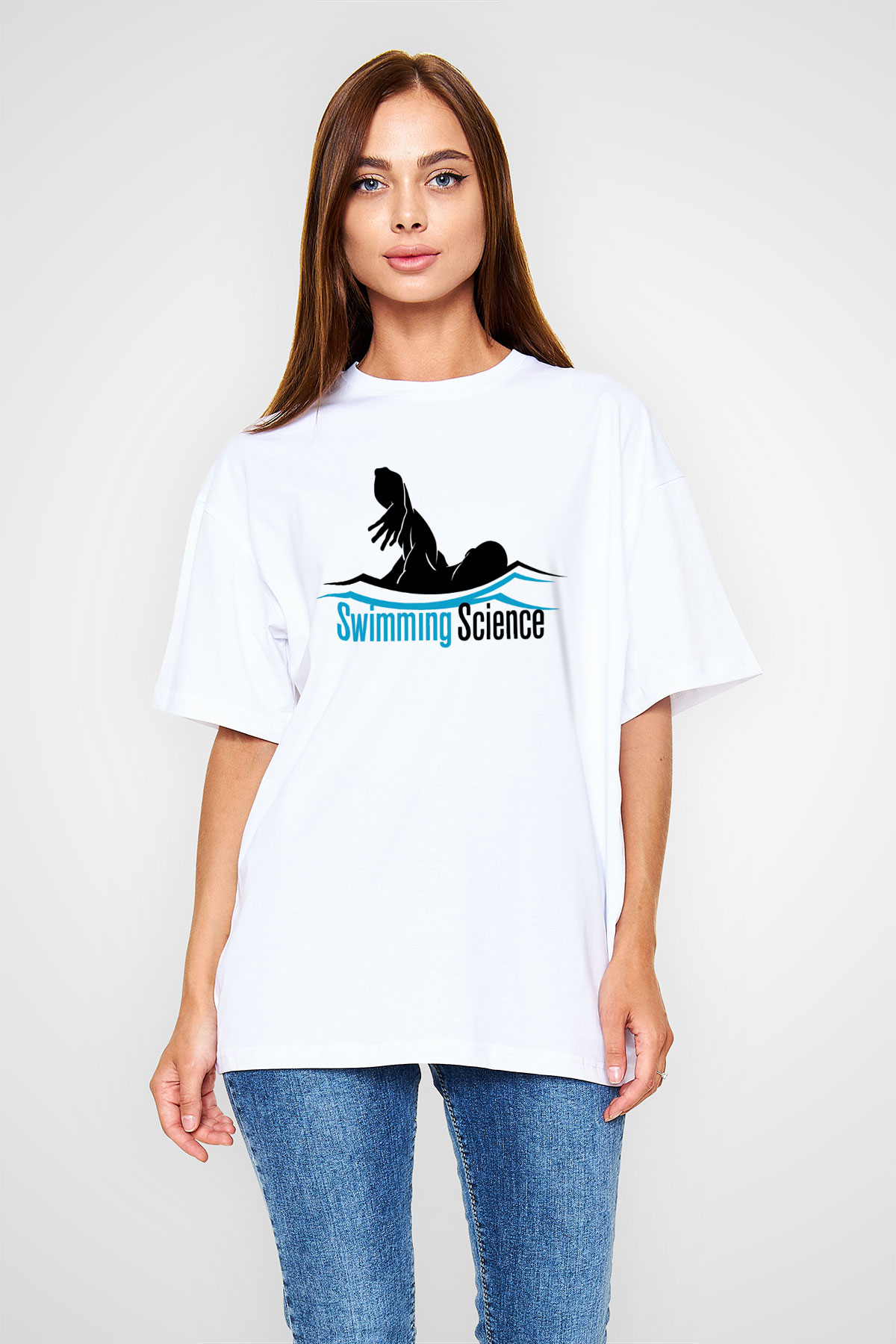 Yüzme Beyaz Unisex Oversize Tişört T-Shirt