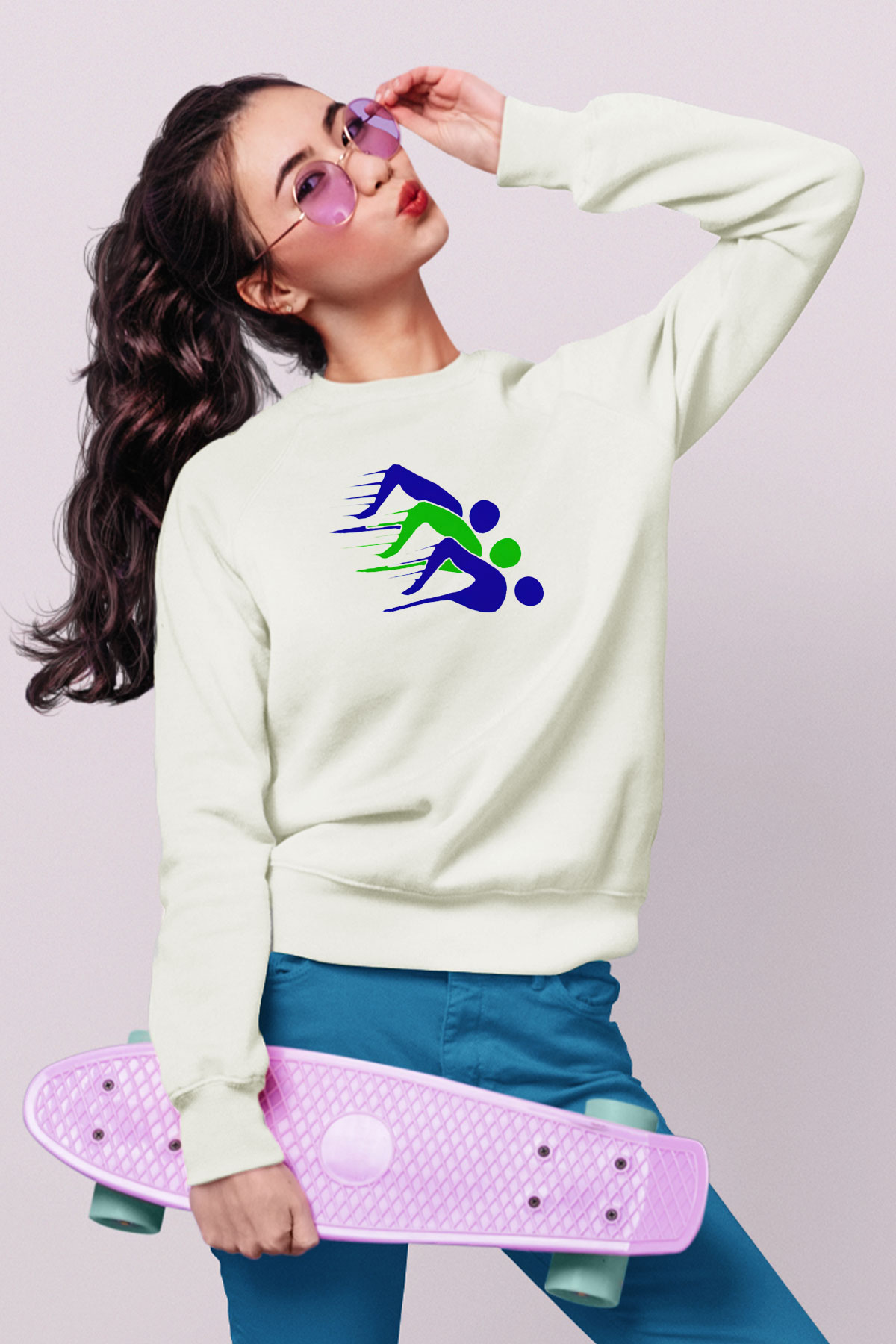 Yüzme Beyaz Unisex Sweatshirt