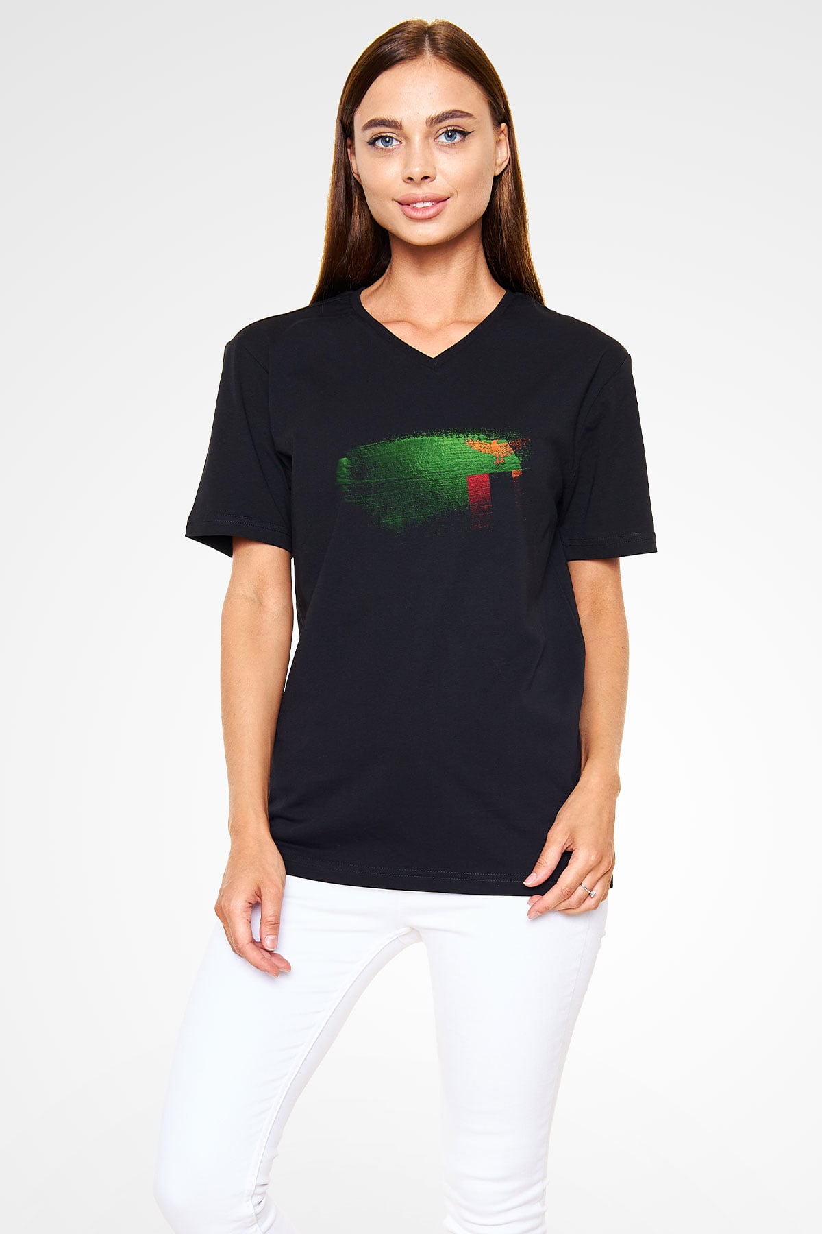 Zambiya - Zambia Bayrağı Baskılı Unisex Siyah V Yaka Tişört