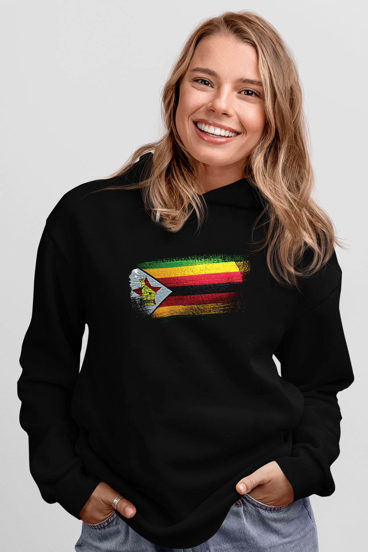 Zimbabve - Zimbabwe Bayrağı Baskılı Unisex Siyah Kapüşonlu Sweatshirt