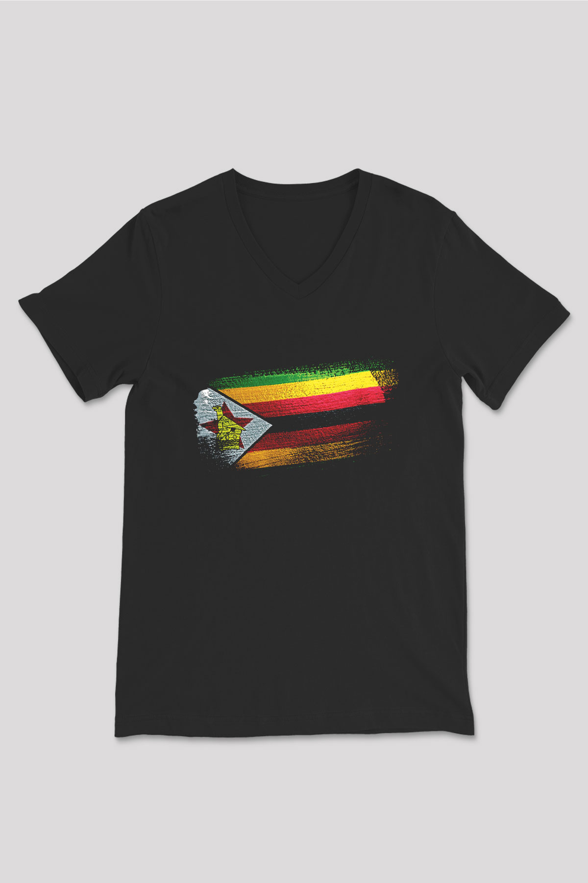 Zimbabve - Zimbabwe Bayrağı Baskılı Unisex Siyah V Yaka Tişört