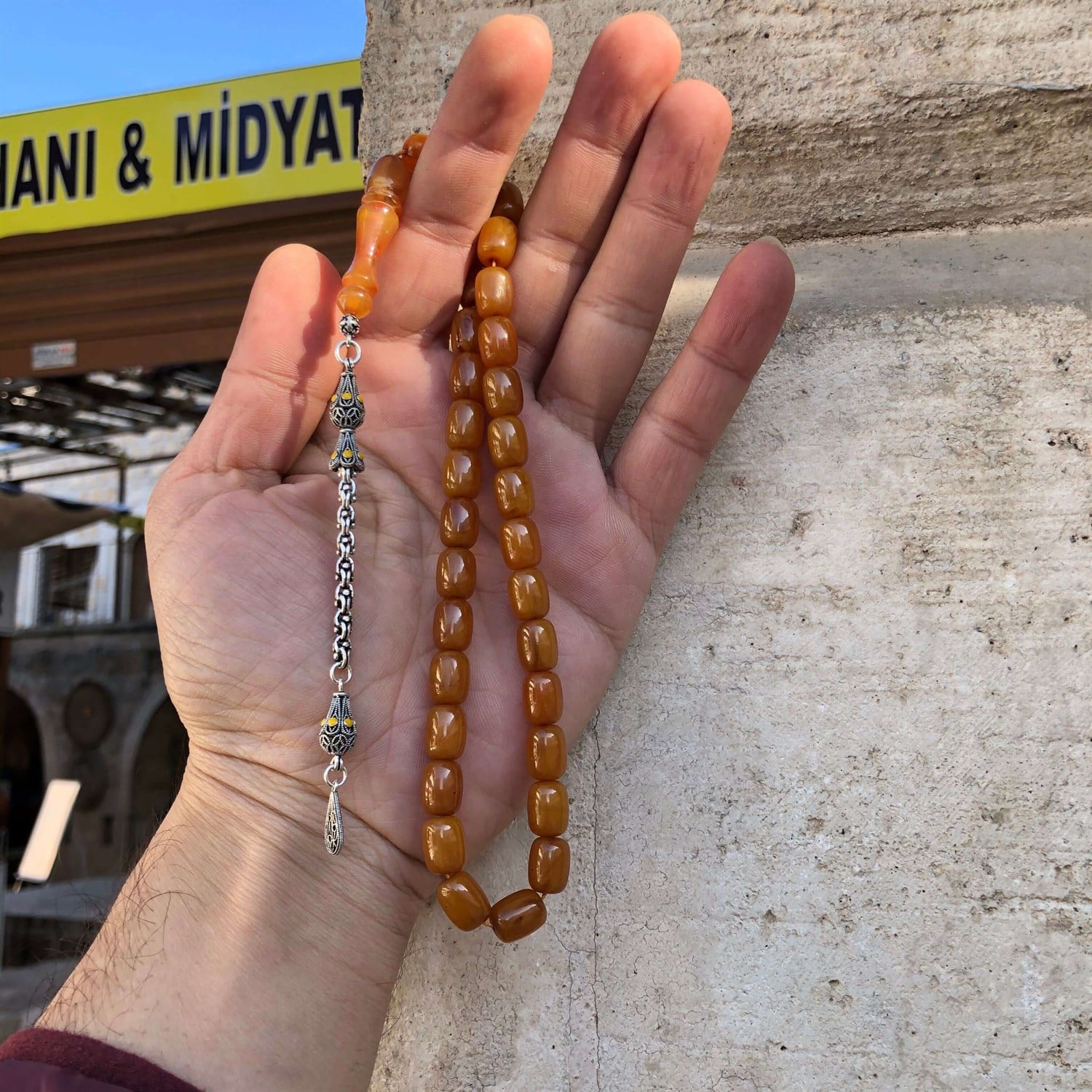 925 Ayar Gümüş Püsküllü Orijinal Bağa Kehribar Tesbih