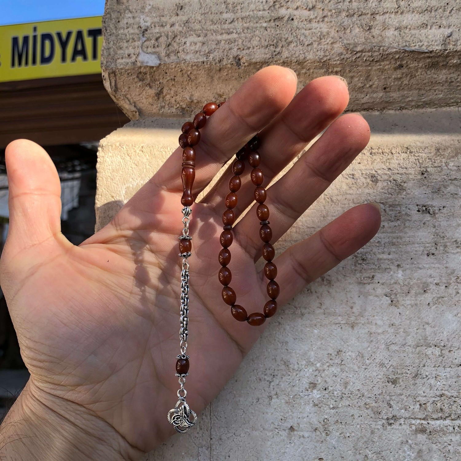 925 Ayar Gümüş Püsküllü Orijinal Sıkma Kehribar Tesbih