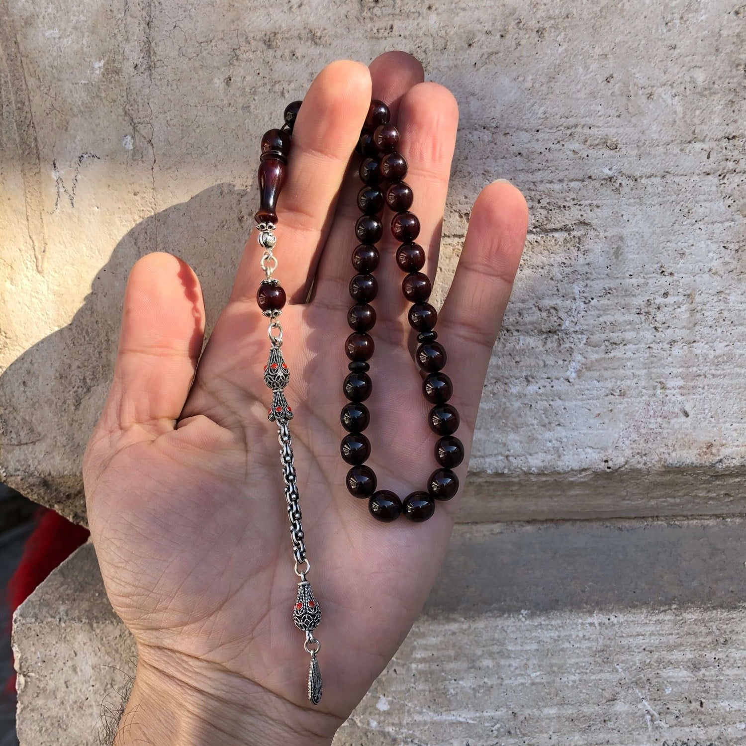 925 Ayar Gümüş Püsküllü Orijinal Sıkma Kehribar Tesbih