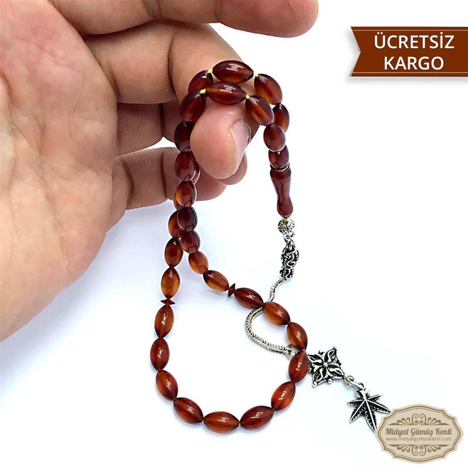 Arpa Kesim Bal Rengi 925 Ayar Gümüş Marjiuana Püsküllü Ateş Kehribar Tesbih
