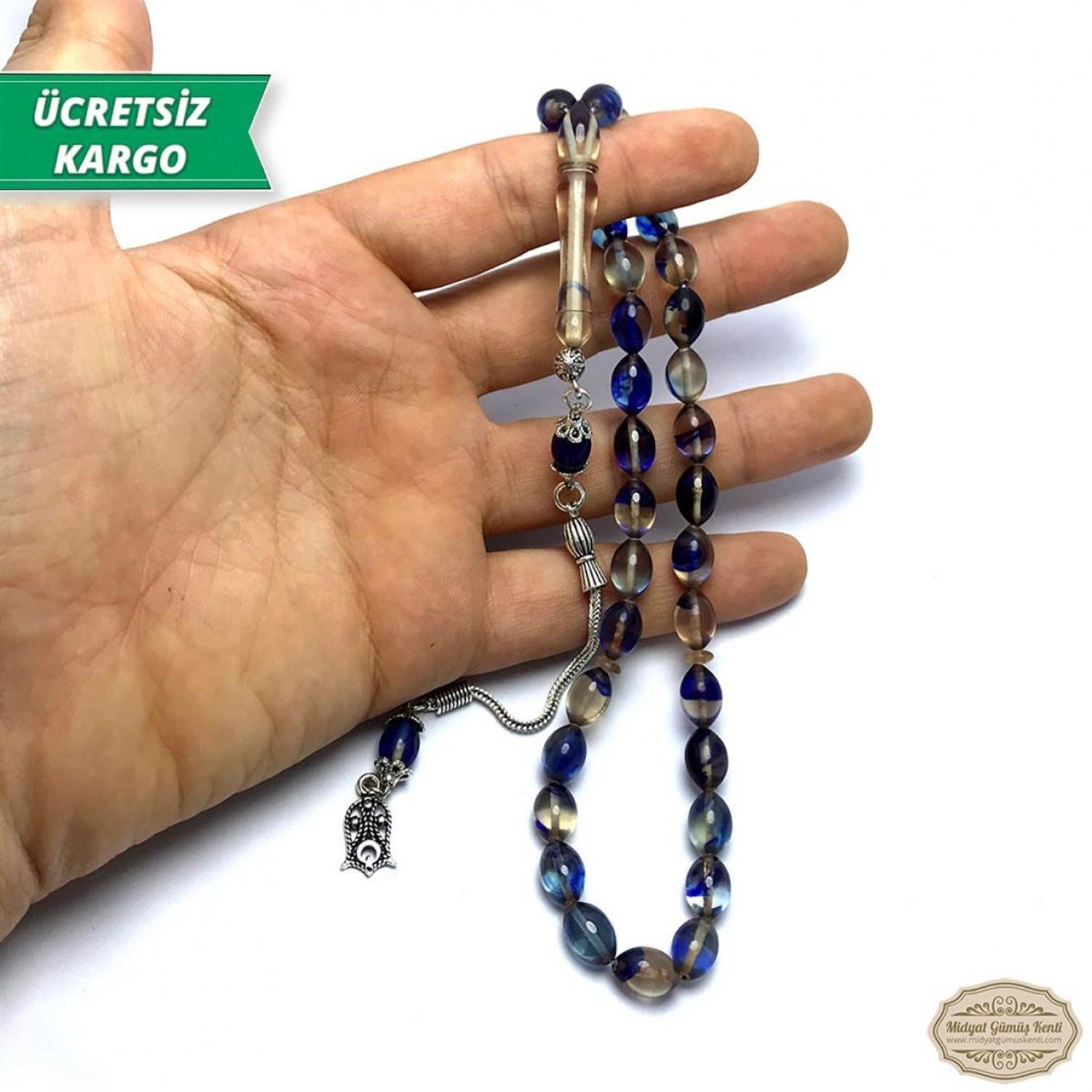 Arpa Kesim Mavi Beyaz Renkte Ateş Kehribar Tesbih