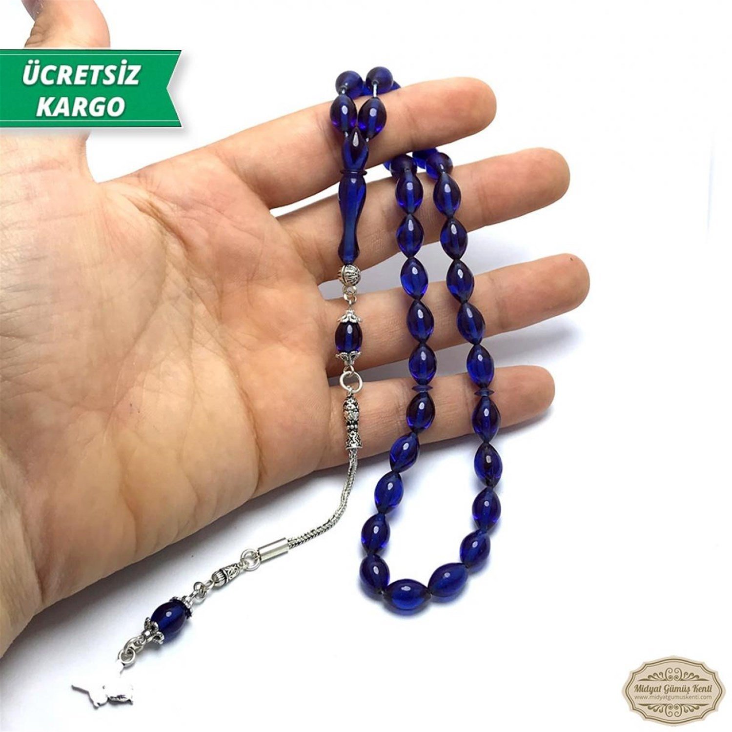 Arpa Kesim Mavi Renkte Ateş Kehribar Tesbih
