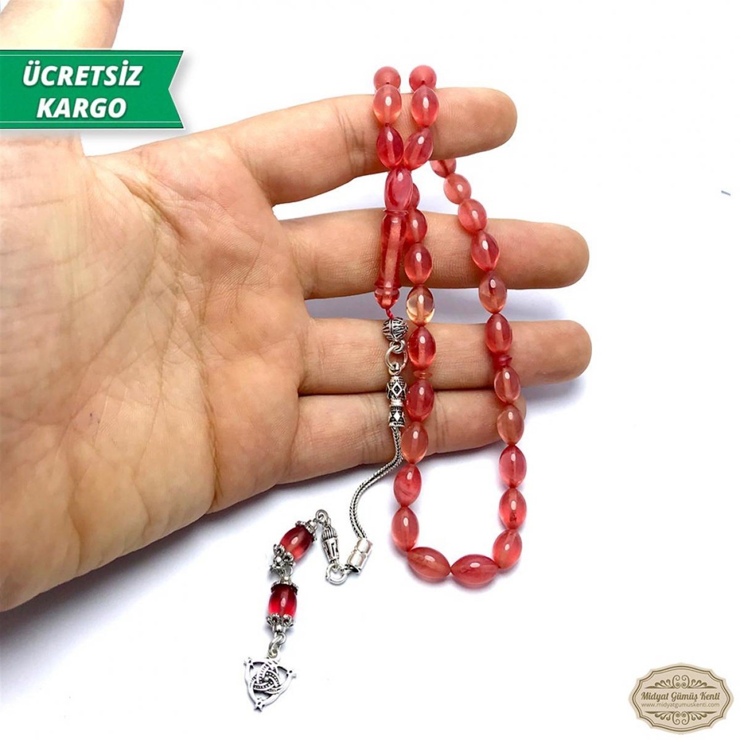 Arpa Kesim Pembe Renkte Ateş Kehribar Tesbih