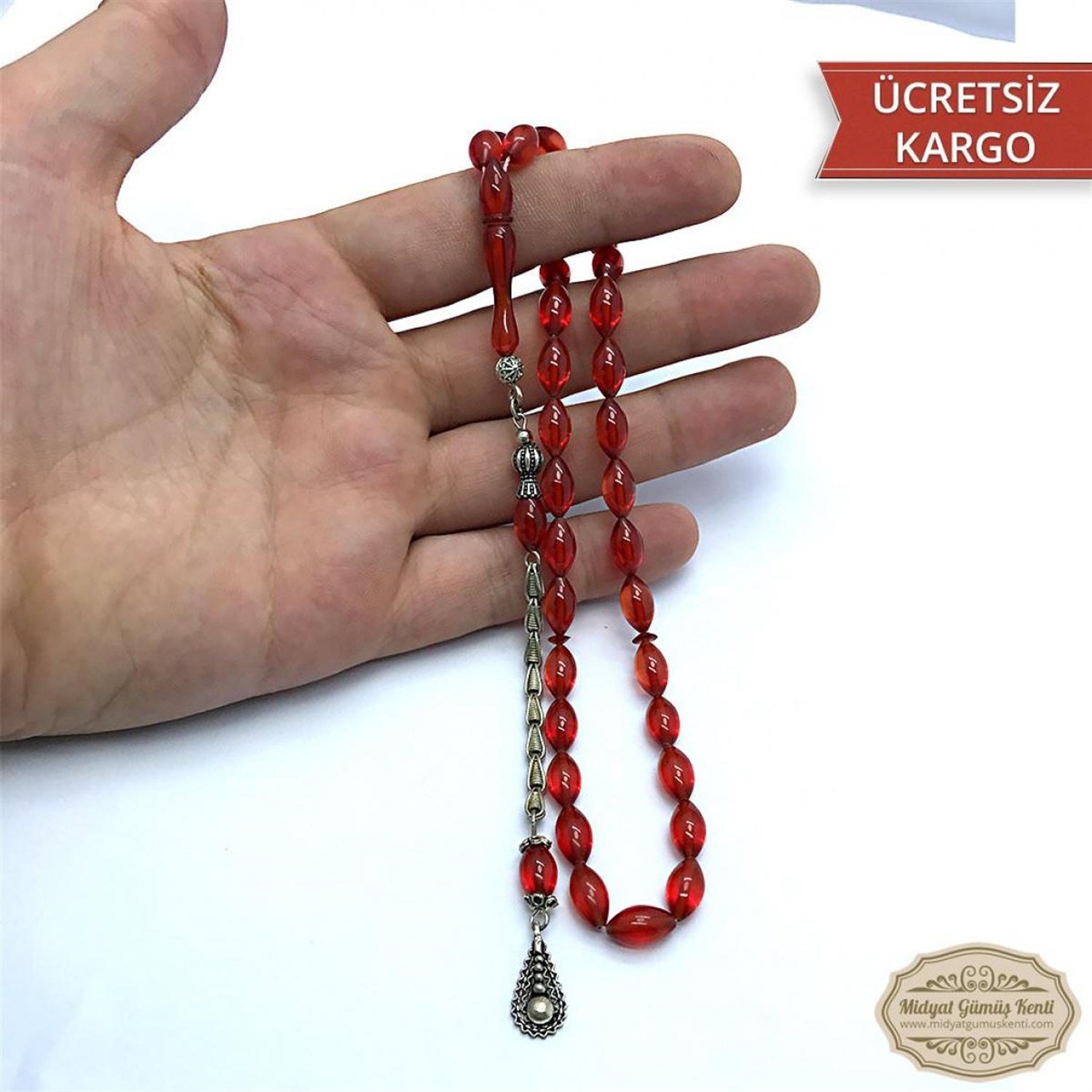 Arpa Kesim Turunç Rengi 925 Ayar Gümüş Püsküllü Ateş Kehribar Tesbih