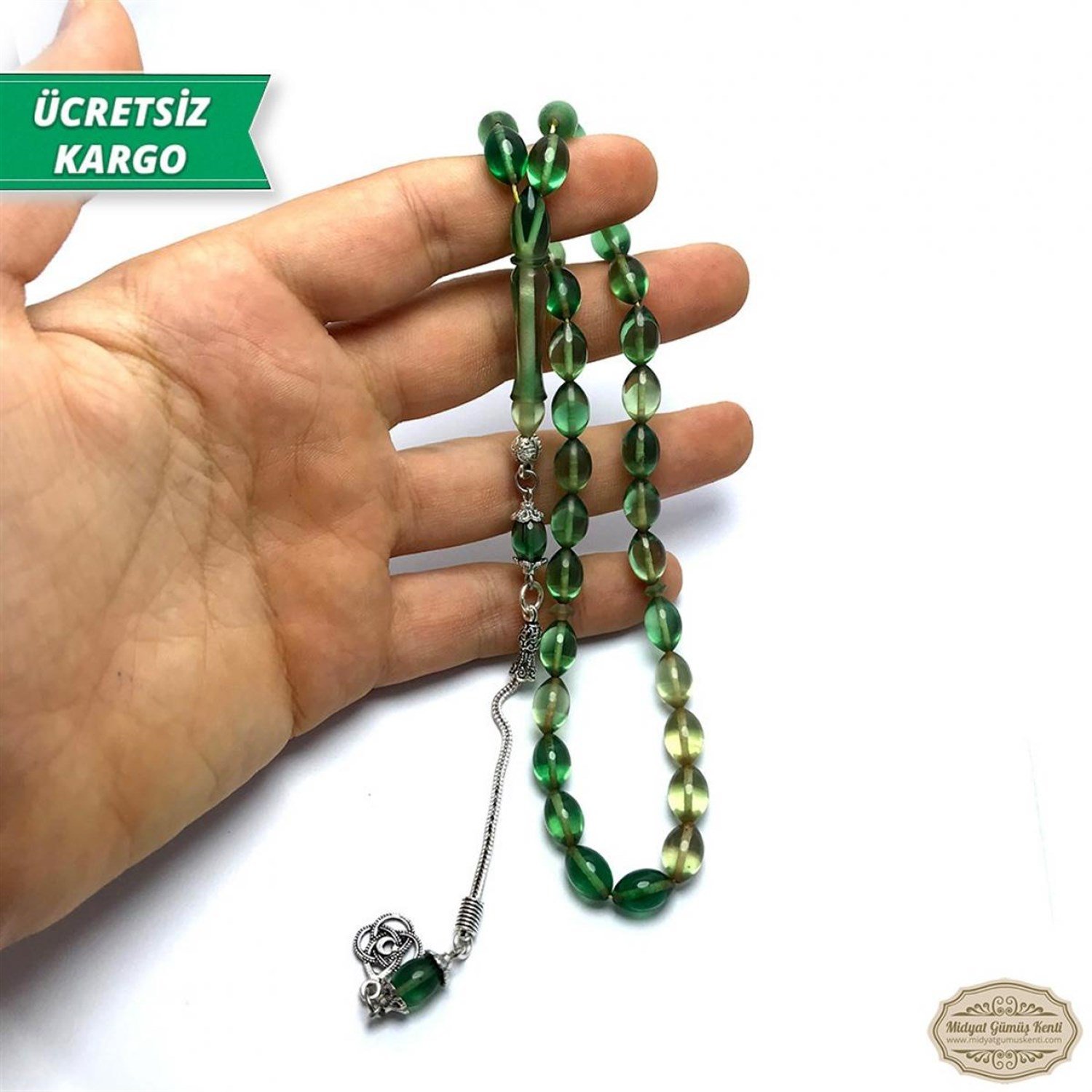 Arpa Kesim Yeşil Renkte Ateş Kehribar Tesbih