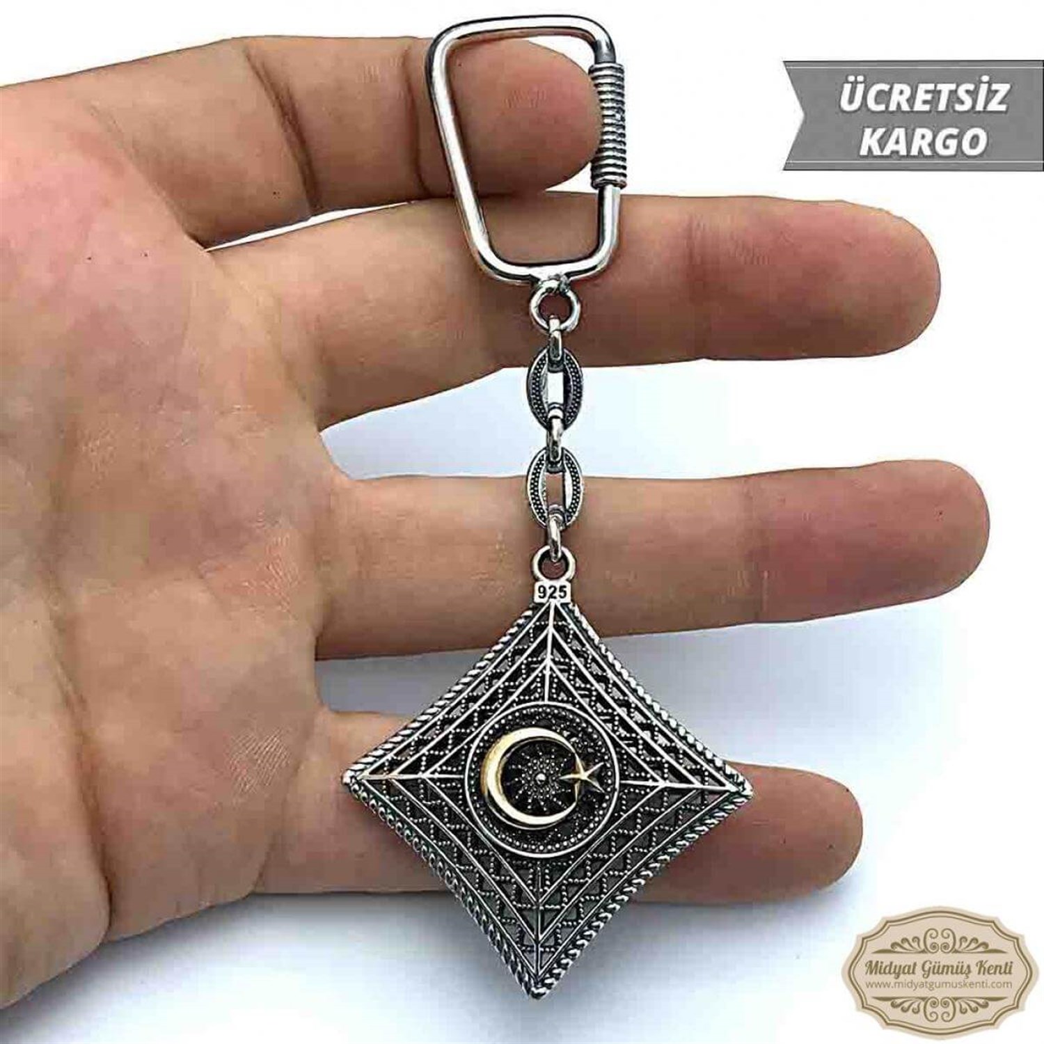 Ayyıldız Amblemli 925 Ayar Midyat Gümüş Anahtarlık
