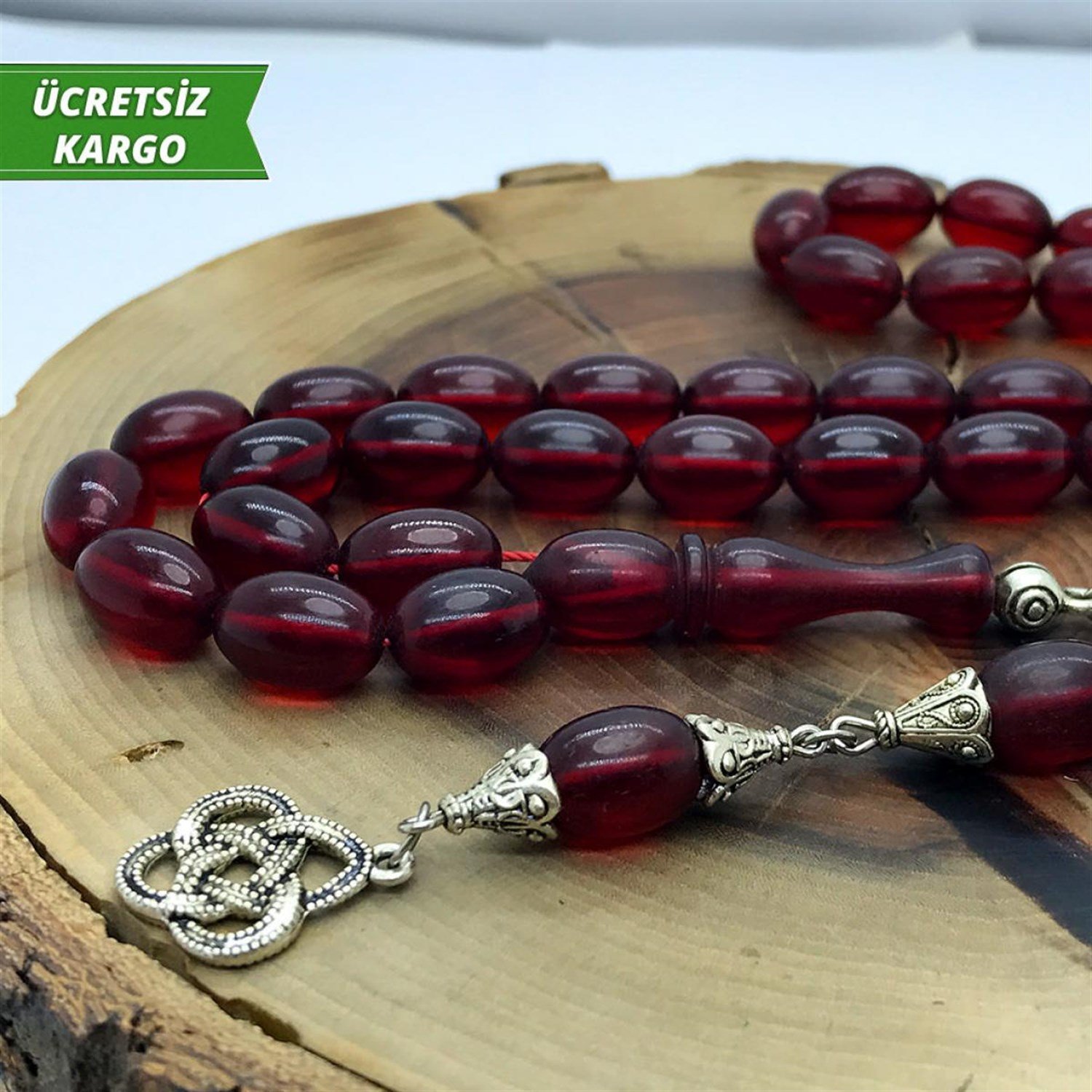 Beyzi Kesim Gümüş Püsküllü Sıkma Kehribar Tesbih