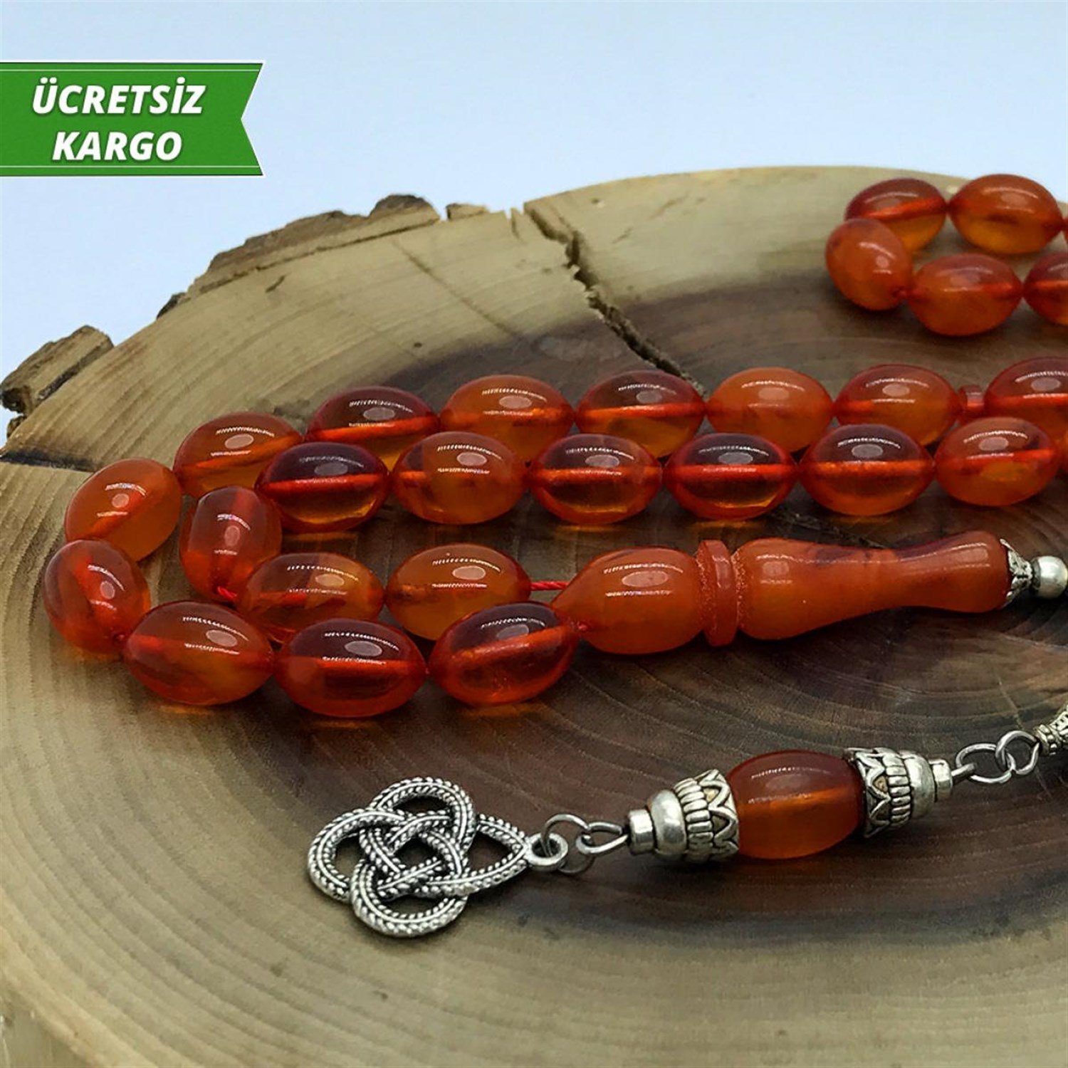 Beyzi Kesim Gümüş Püsküllü Sıkma Kehribar Tesbih