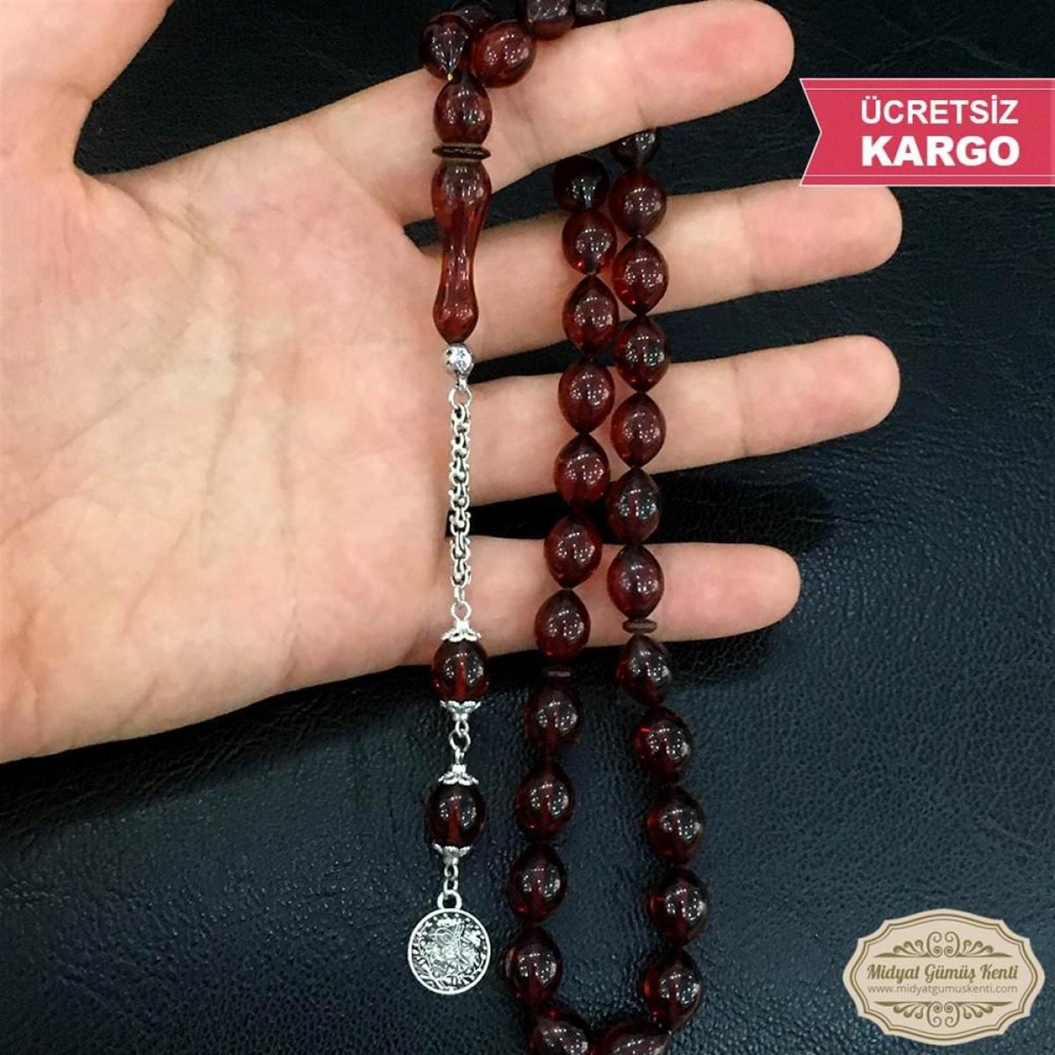 Beyzi Kesim Osmanlı Parası Gümüş Püsküllü Ateş Kehribar Tesbih