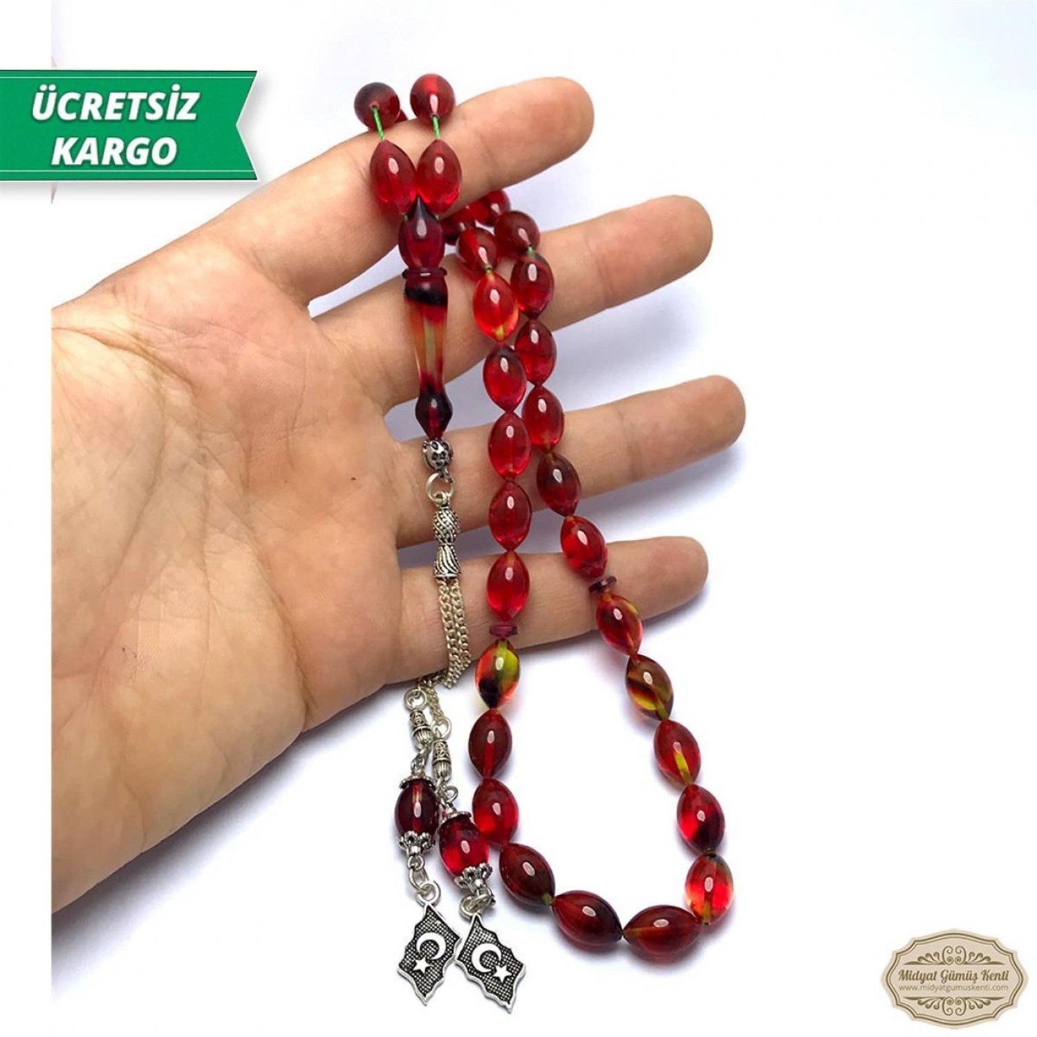 Beyzi Kesim Sarı Kırmızı Renkte Ateş Kehribar Tesbih