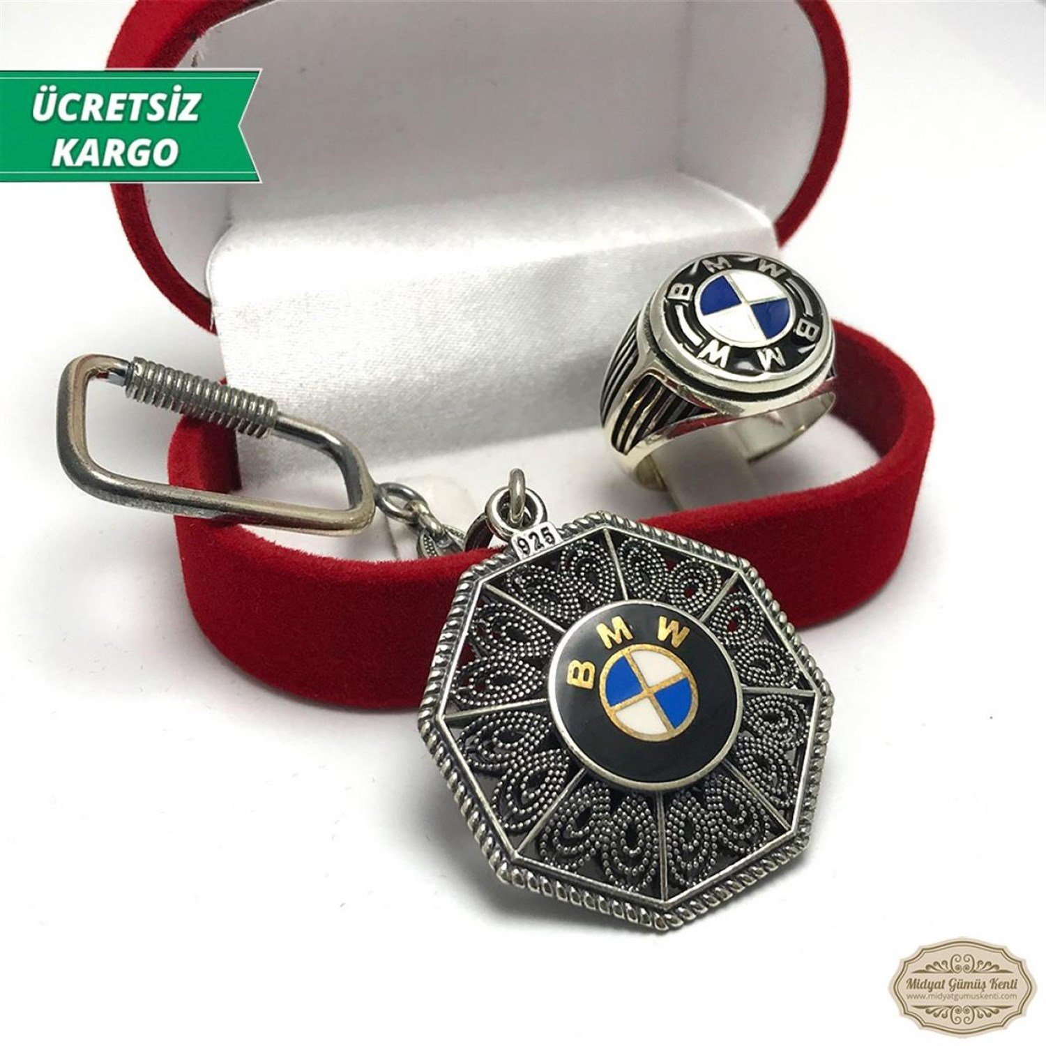 BMV ikili Set Model Erkek Gümüş Yüzük ve Anahtarlık 