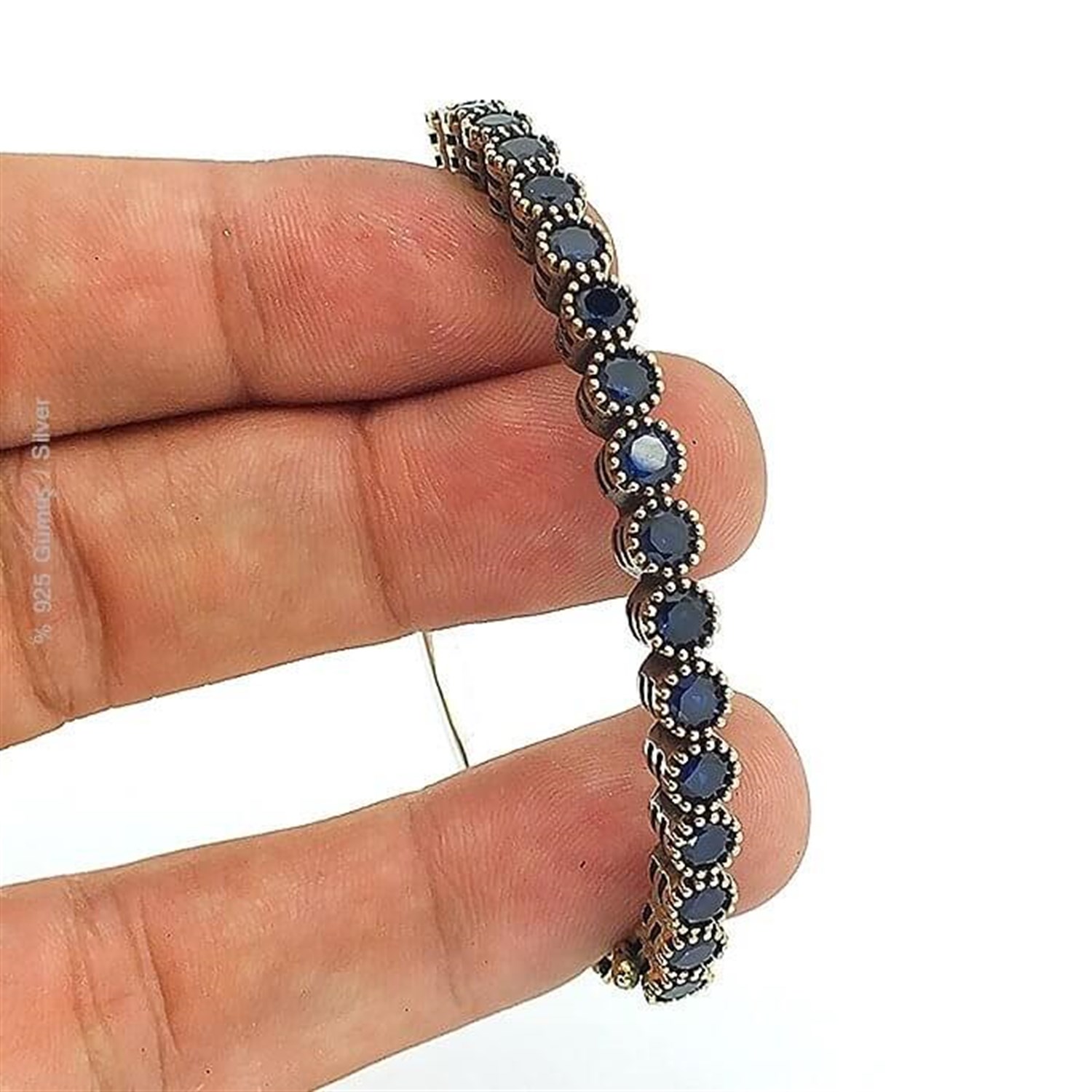 Gümüş Kök Safir Taşlı Kelepçe Bilezik