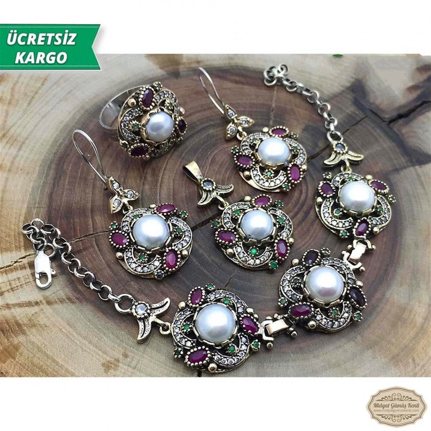 inci Taşlı Lale Model 4'lü Otantik Gümüş Takı Seti
