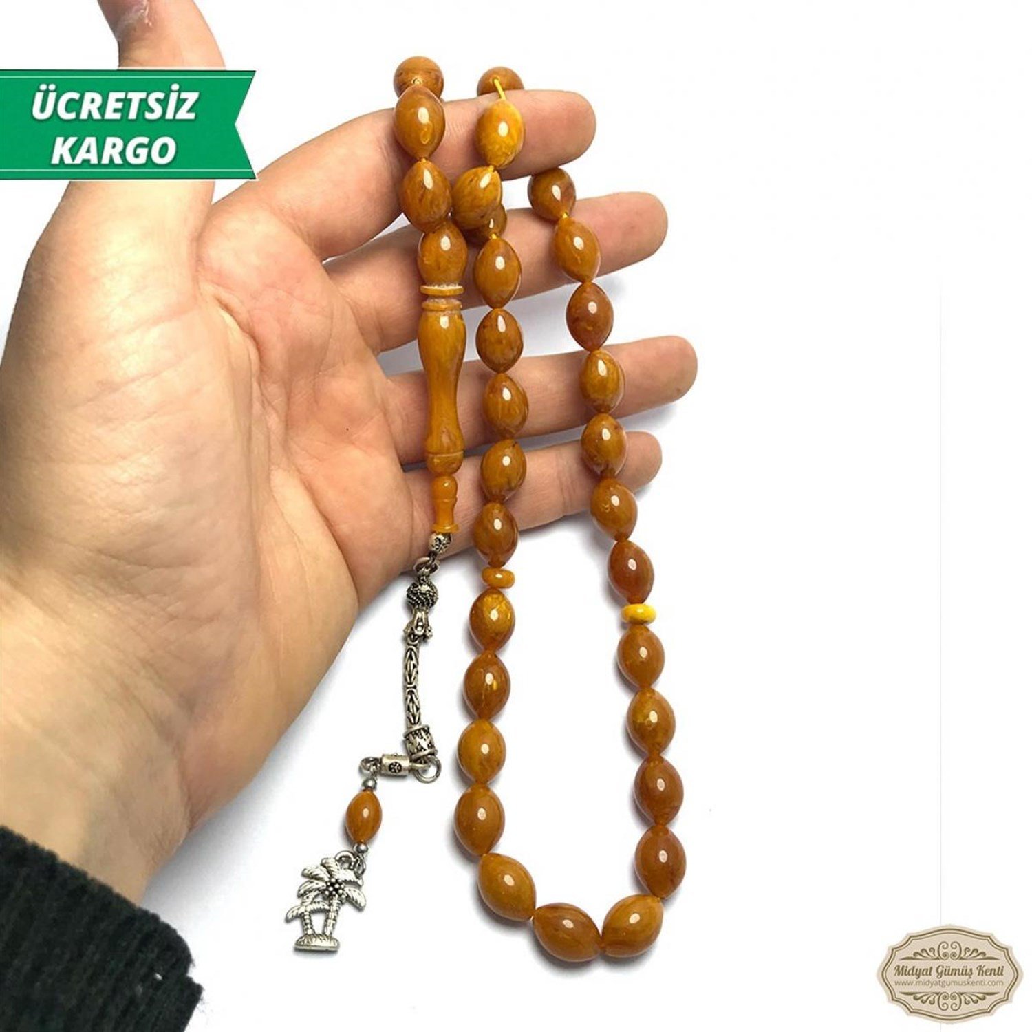 Kahverengi Renkte Arpa Kesim Sıkma Kehribar Tesbih