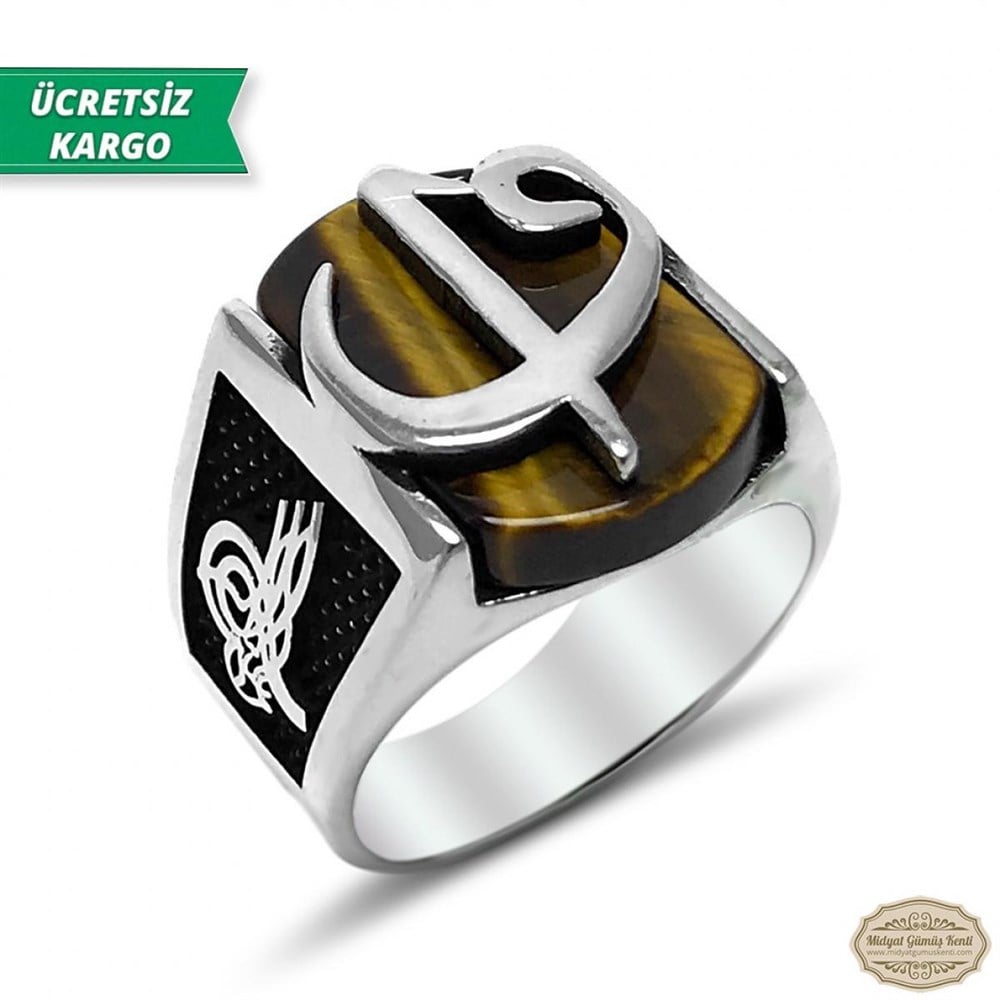 Kaplan Gözü Taşlı Elif Vav Model 925 Ayar Gümüş Erkek Yüzük 
