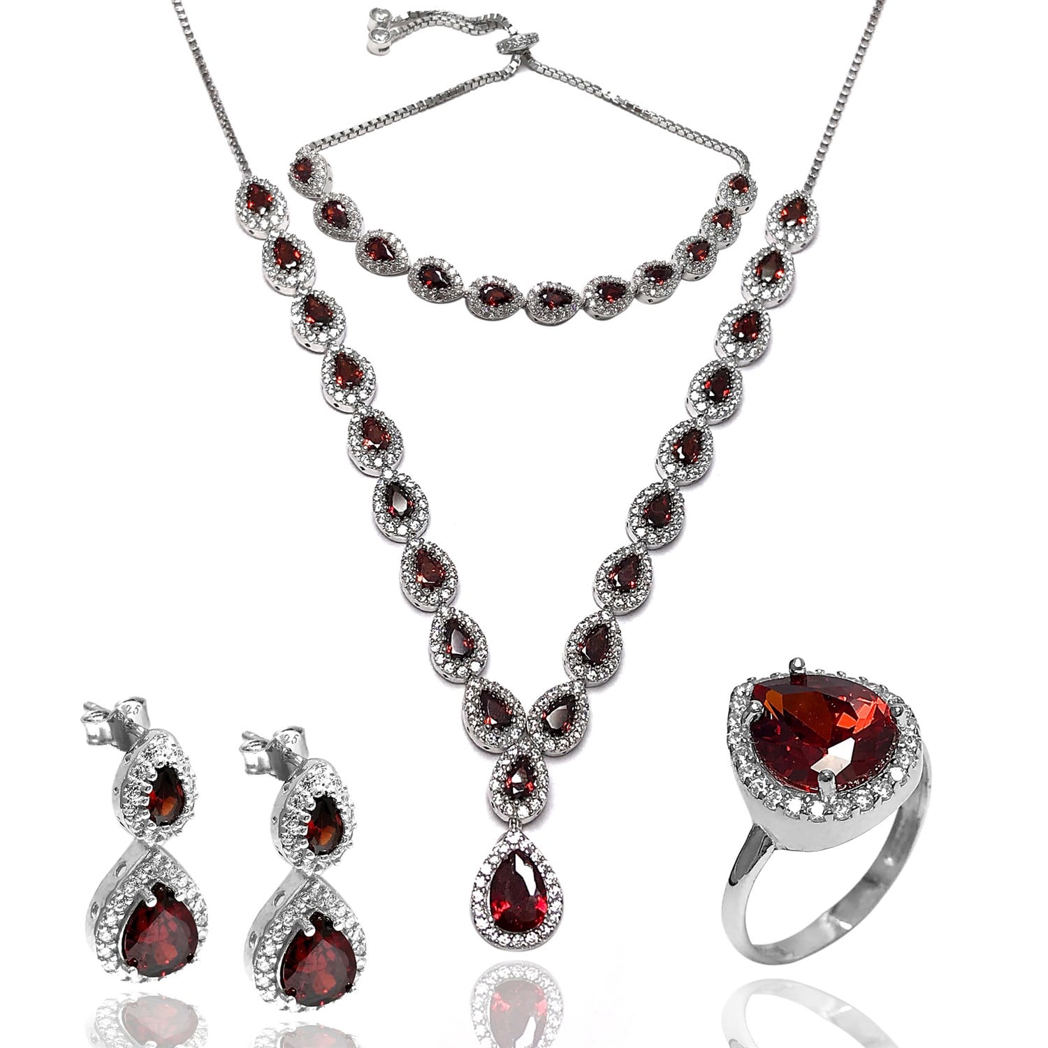 Kırmızı Zirkon Taşlı 925 Ayar Damla Model Bayan Gümüş Set