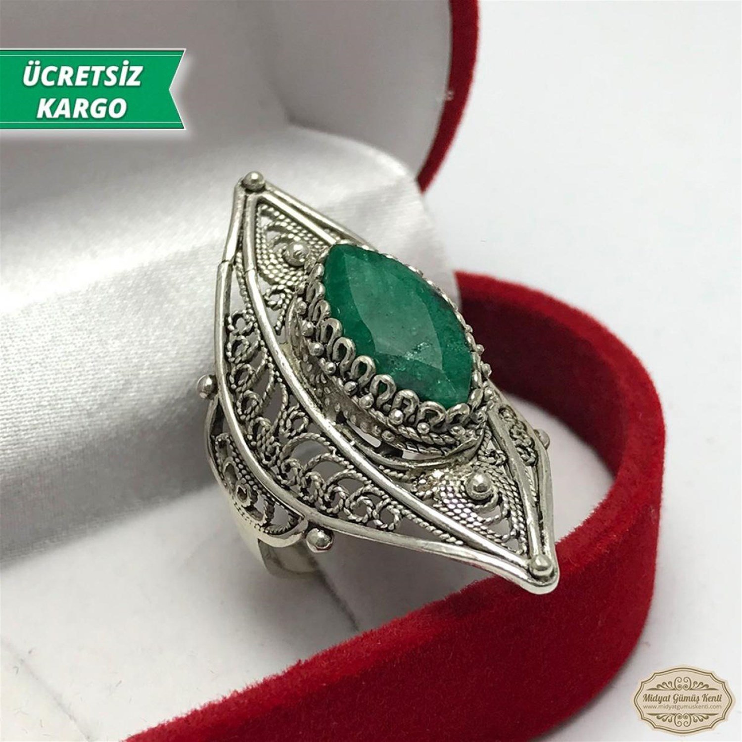 Kök Zümrüt Taşlı Midyat Telkari Bayan Gümüş Yüzük