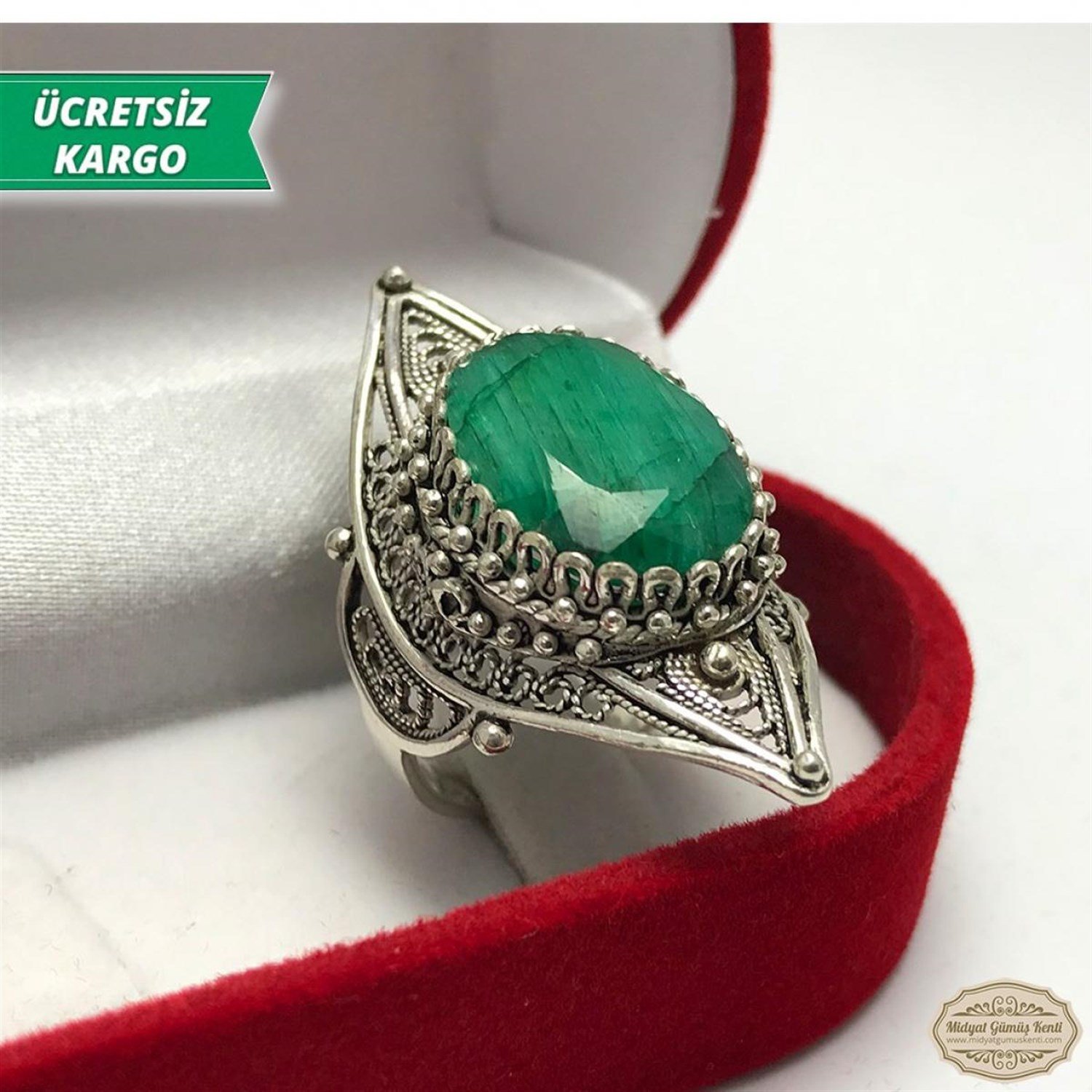 Kök Zümrüt Taşlı Midyat Telkari Bayan Gümüş Yüzük