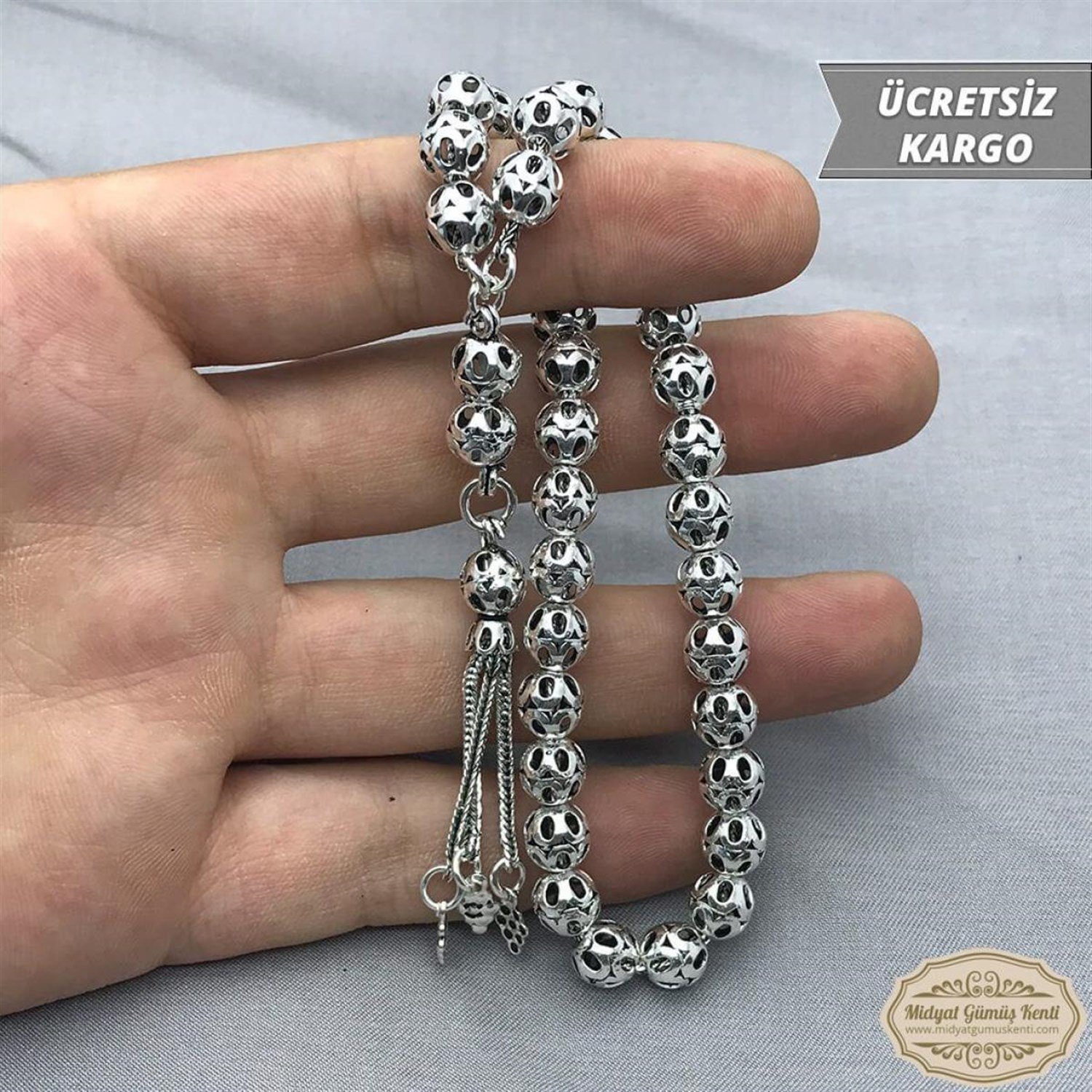 Küre Kesim Kafes Model 925 Oksitli Saf Gümüş Midyat Gümüş Tesbih