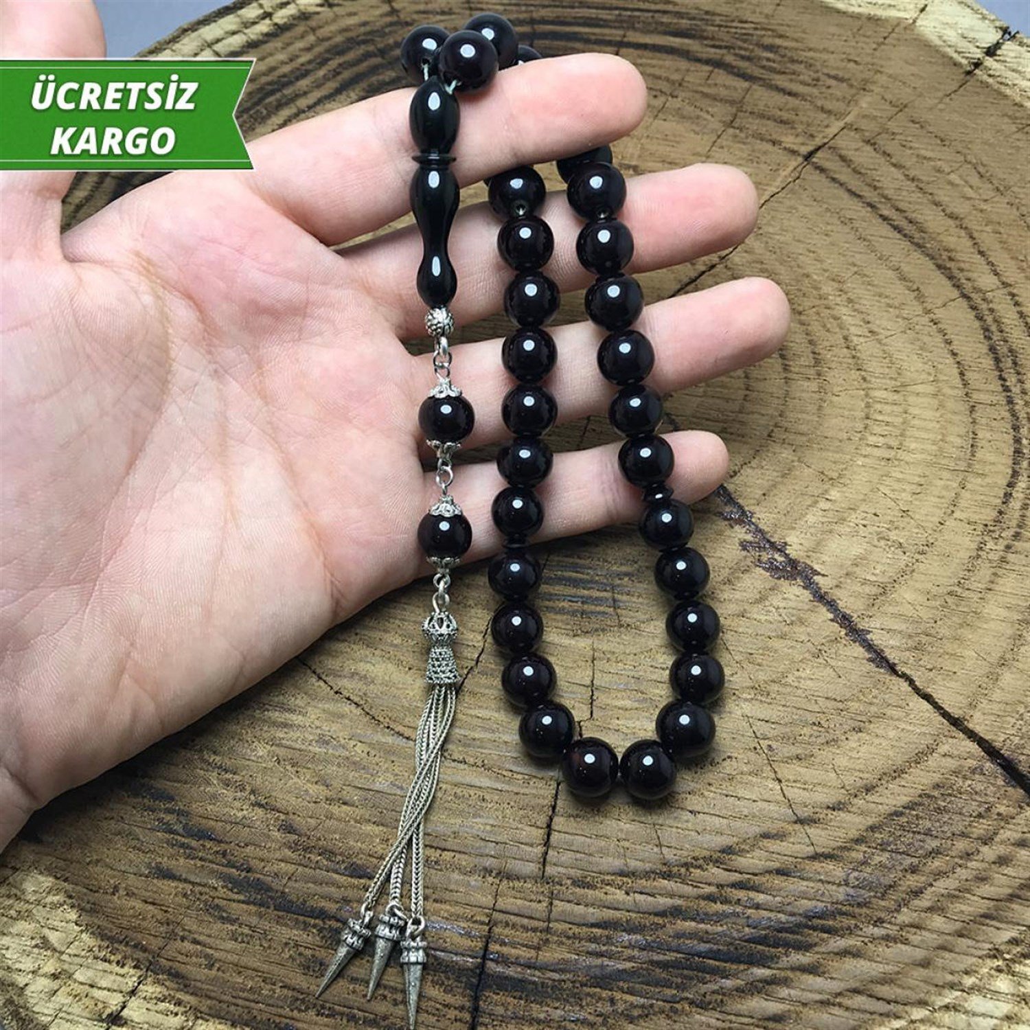 Küre Kesim Siyah Renkte Sürmeli Sıkma Kehribar Tesbih 