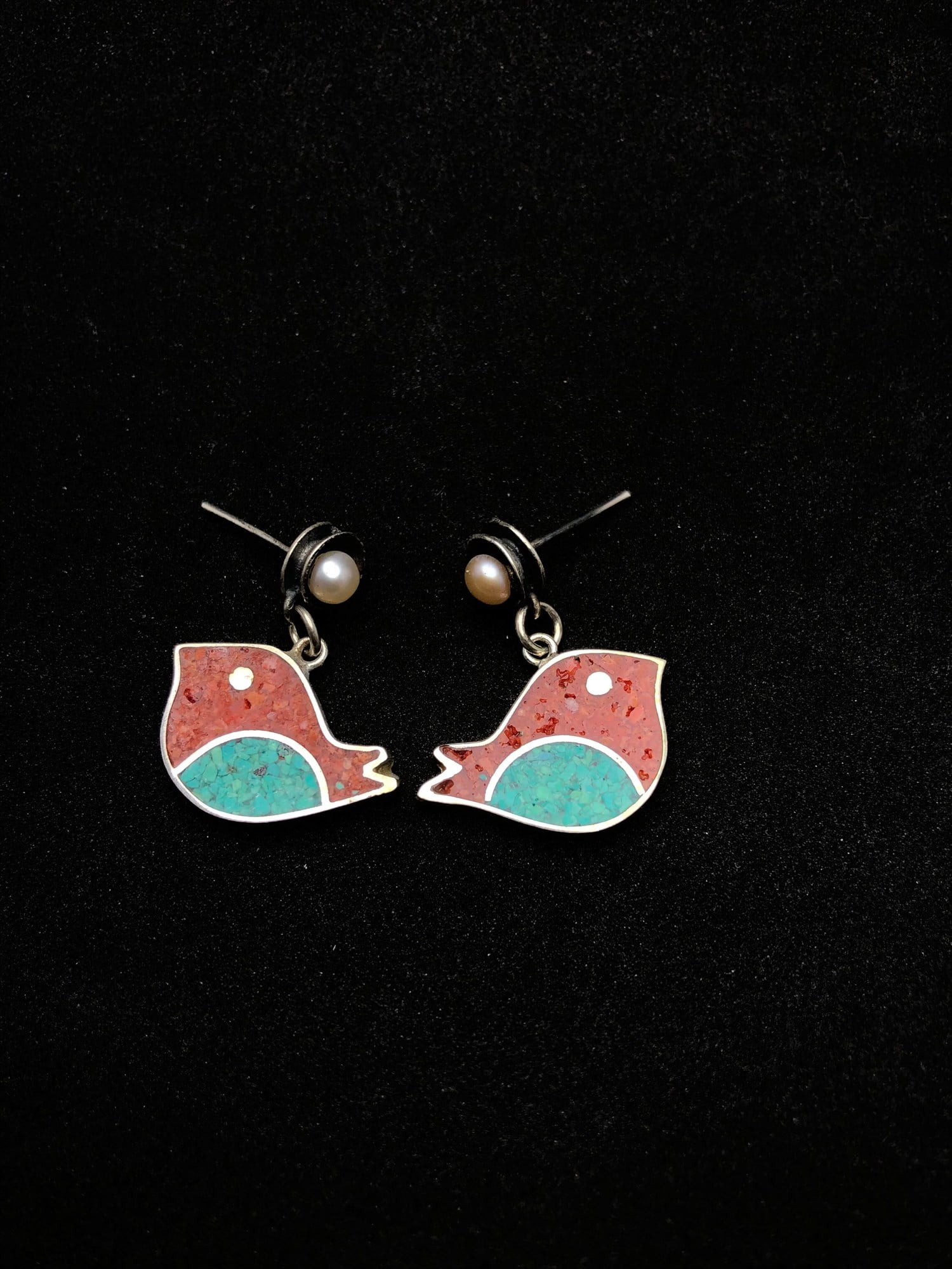 Mozaik Kuş Motifli Otantik Mercan ve Firuze Taşlı Bayan Gümüş Küpe