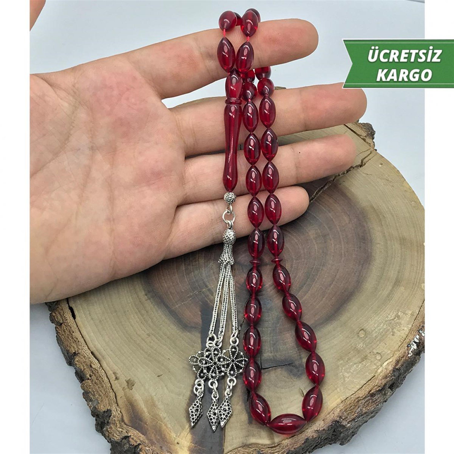 Nar Çiçeği Arpa Kesim 3lü Gümüş Püsküllü Ateş Kehribar Tesbih
