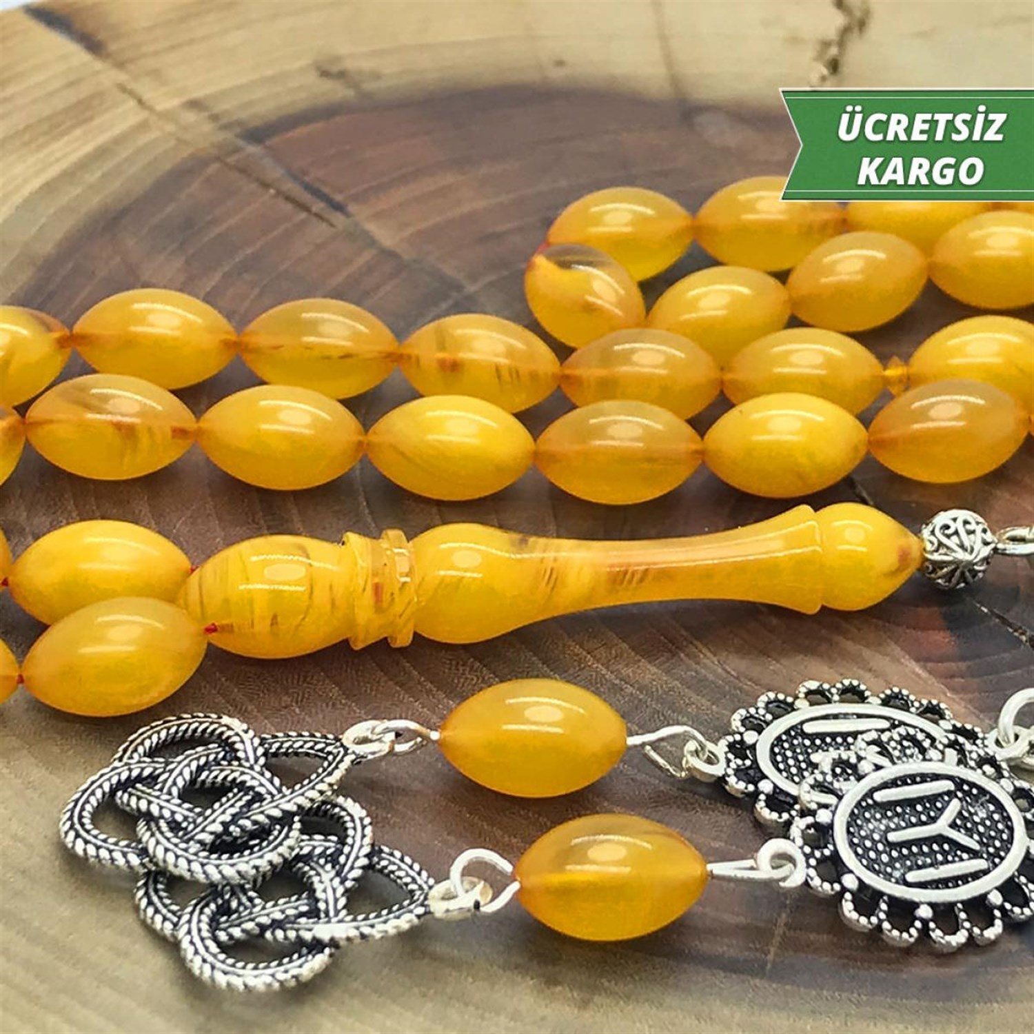 Osmanlı Eskitme Model Arpa Kesim 2li Gümüş Püsküllü Sıkma Kehribar Tesbih