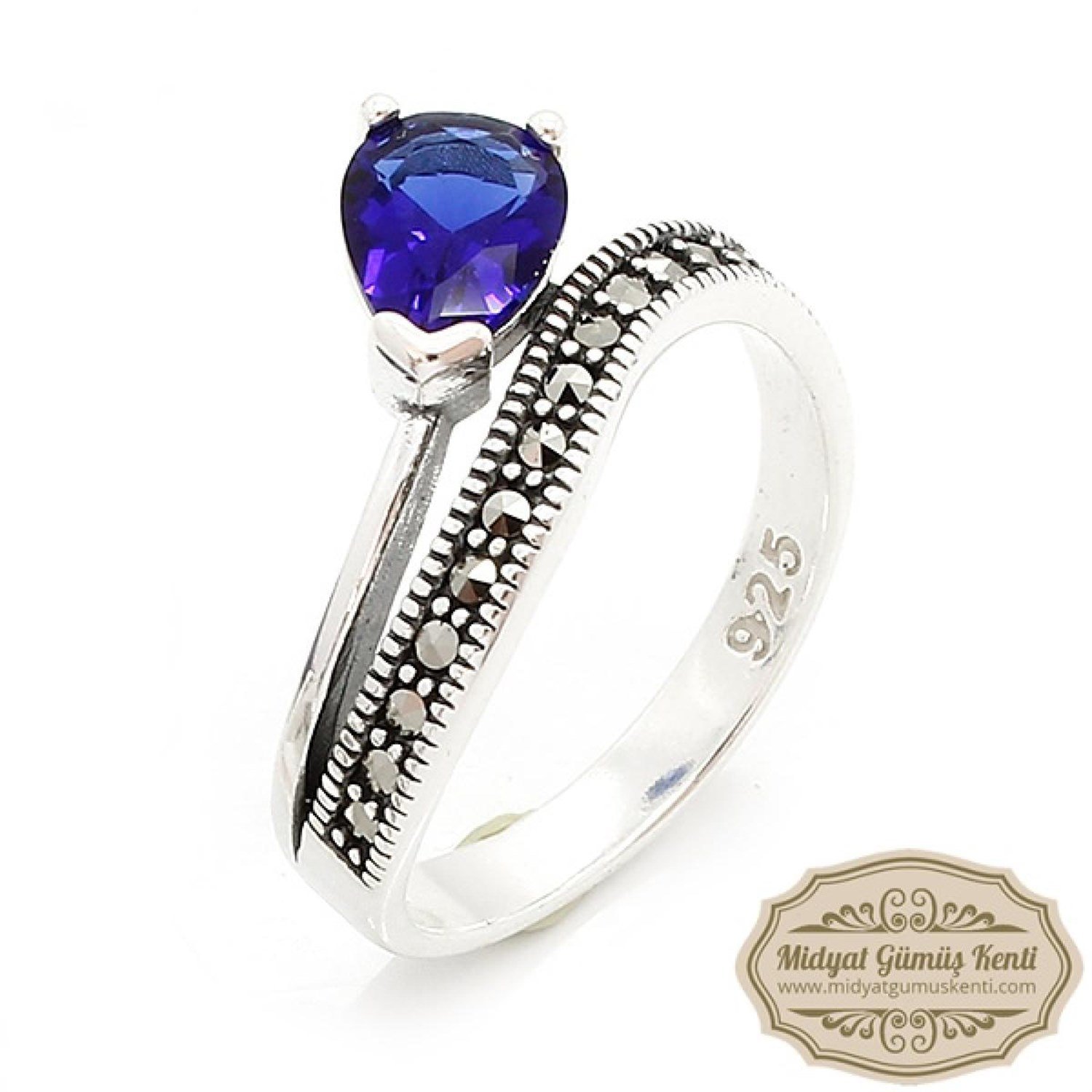 Safir Taşlı Damla Model 925 Ayar Bayan Markazit Gümüş Yüzük