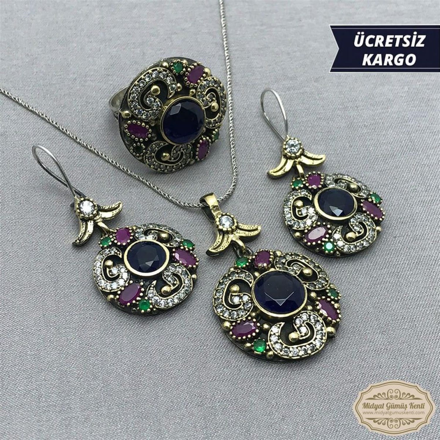 Safir Taşlı Sırataş Model 925 Ayar Bayan Otantik Gümüş Üçlü Set