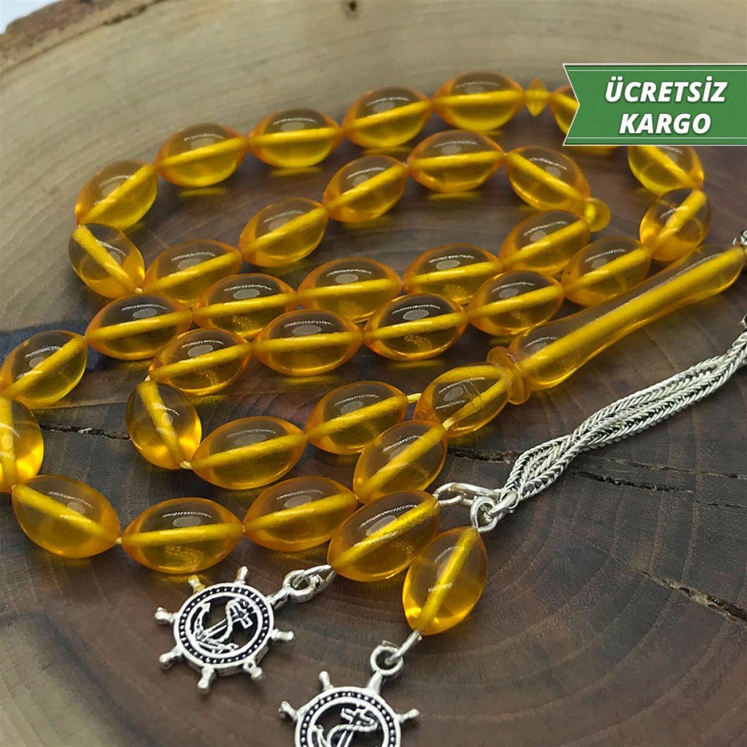 Sarı Renkte Arpa Kesim 2li Gümüş Püsküllü Ateş Kehribar Tesbih