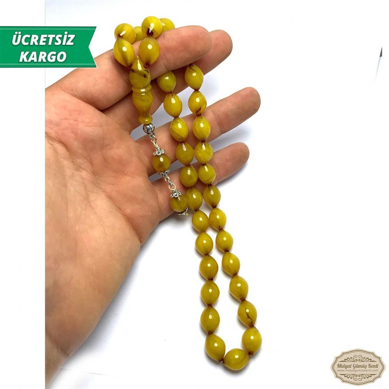 Sarı Renkte Arpa Kesim Sıkma Kehribar Tesbih