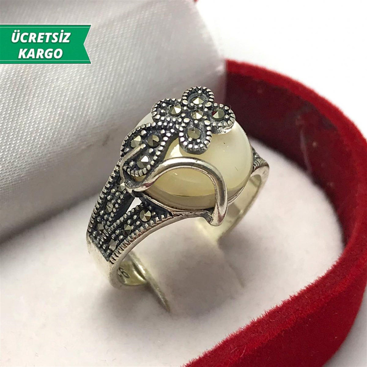Sedef Taşlı Markazit Bayan Gümüş Yüzük