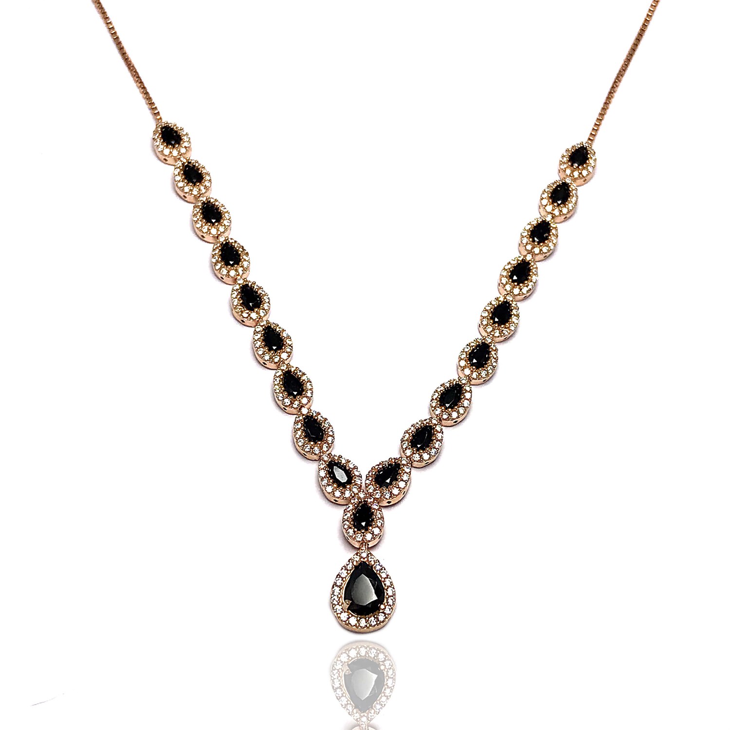 Siyah Zirkon Taşlı 925 Ayar Damla Rose Model Bayan Gümüş Set