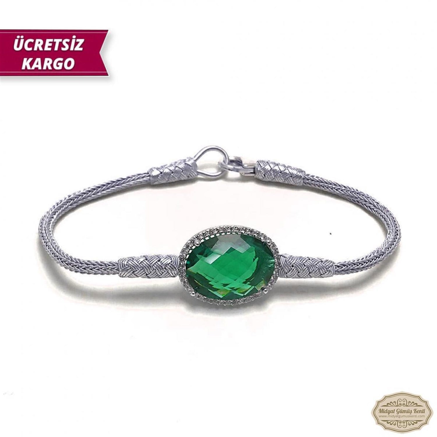 Zümrüt Taşlı 1000 Ayar Gümüş El Örmesi Erkek Bayan Bileklik 