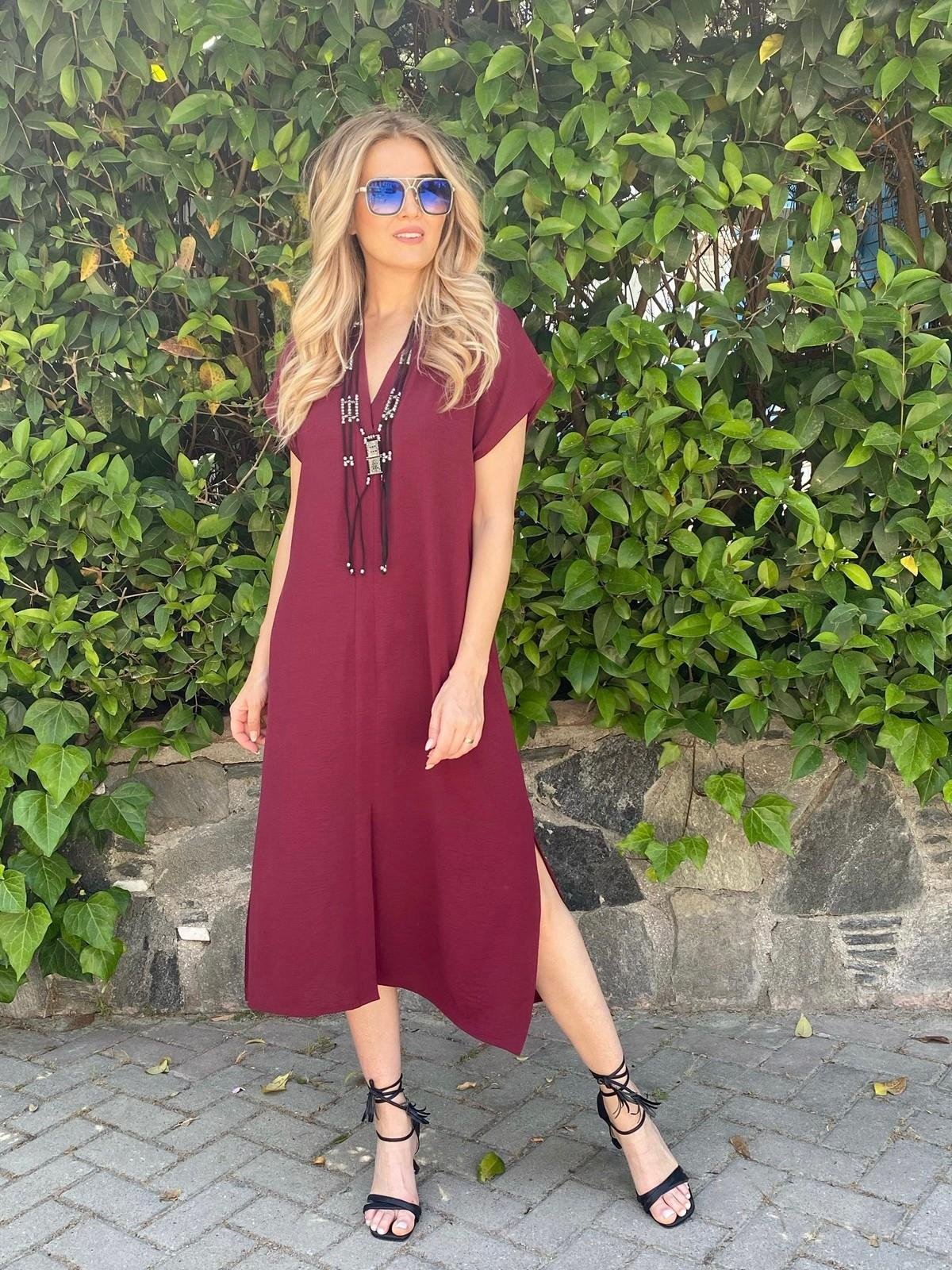 Bordo Miracle Yırtmaç Detaylı Elbise