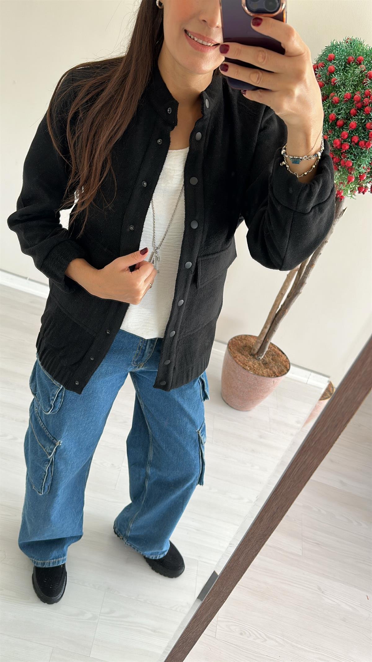 Siyah Kaşe Bomber Ceket