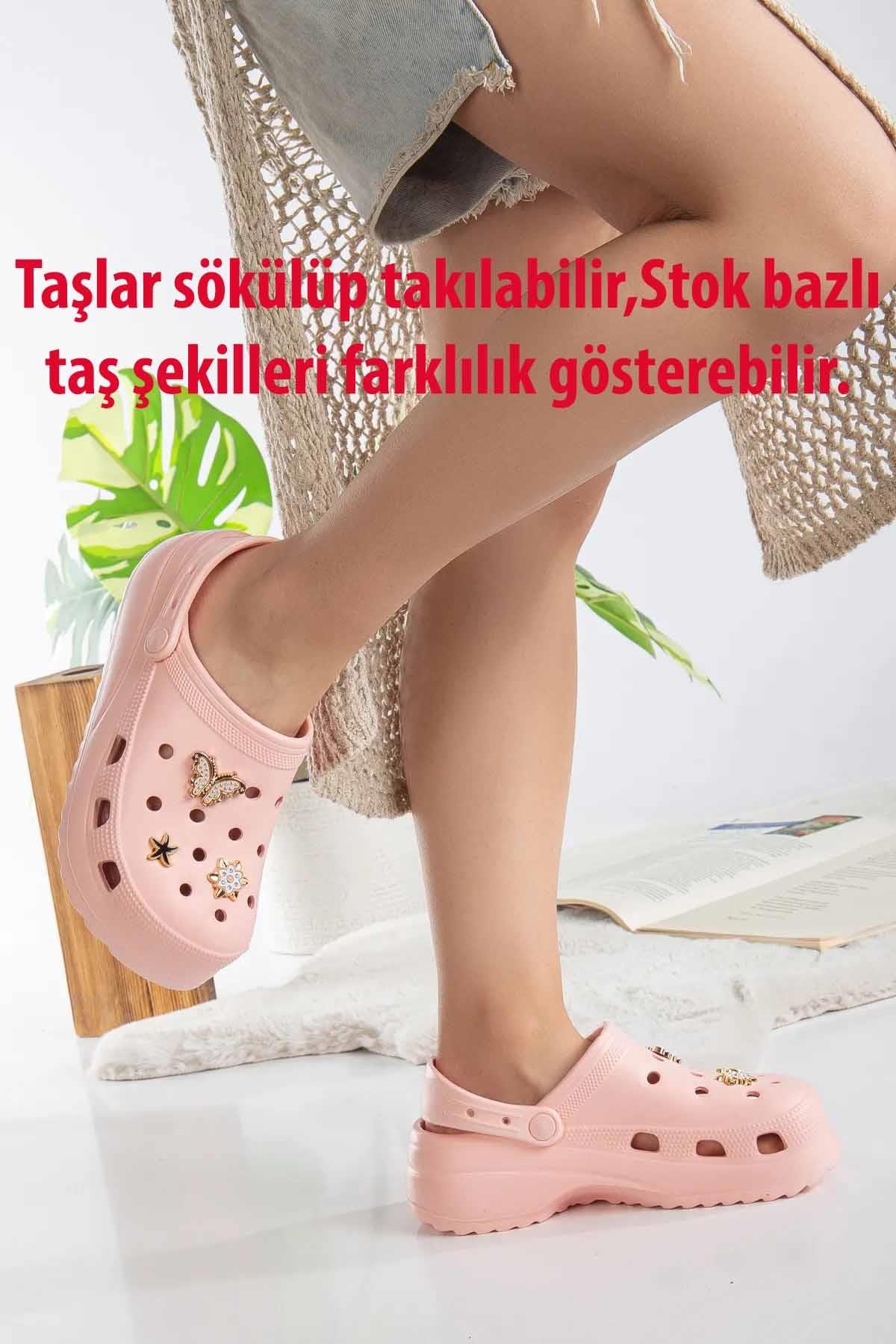 REKOR SPORTerlikKadın Yüksek Taban Taşlı Deniz Havuz Sabo Doktor Hemşire Hastane Comfort Günlük Kadın Terlik Ayakkabı R-S 205PMBPEMBE