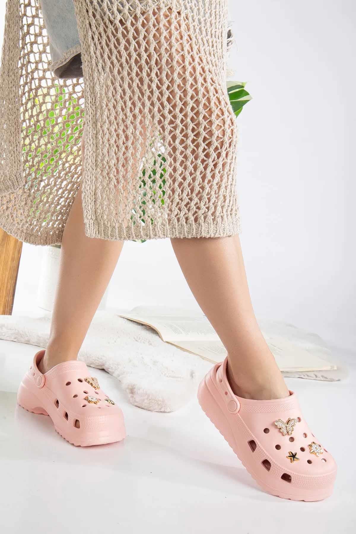 REKOR SPORTerlikKadın Yüksek Taban Taşlı Deniz Havuz Sabo Doktor Hemşire Hastane Comfort Günlük Kadın Terlik Ayakkabı R-S 205PMBPEMBE