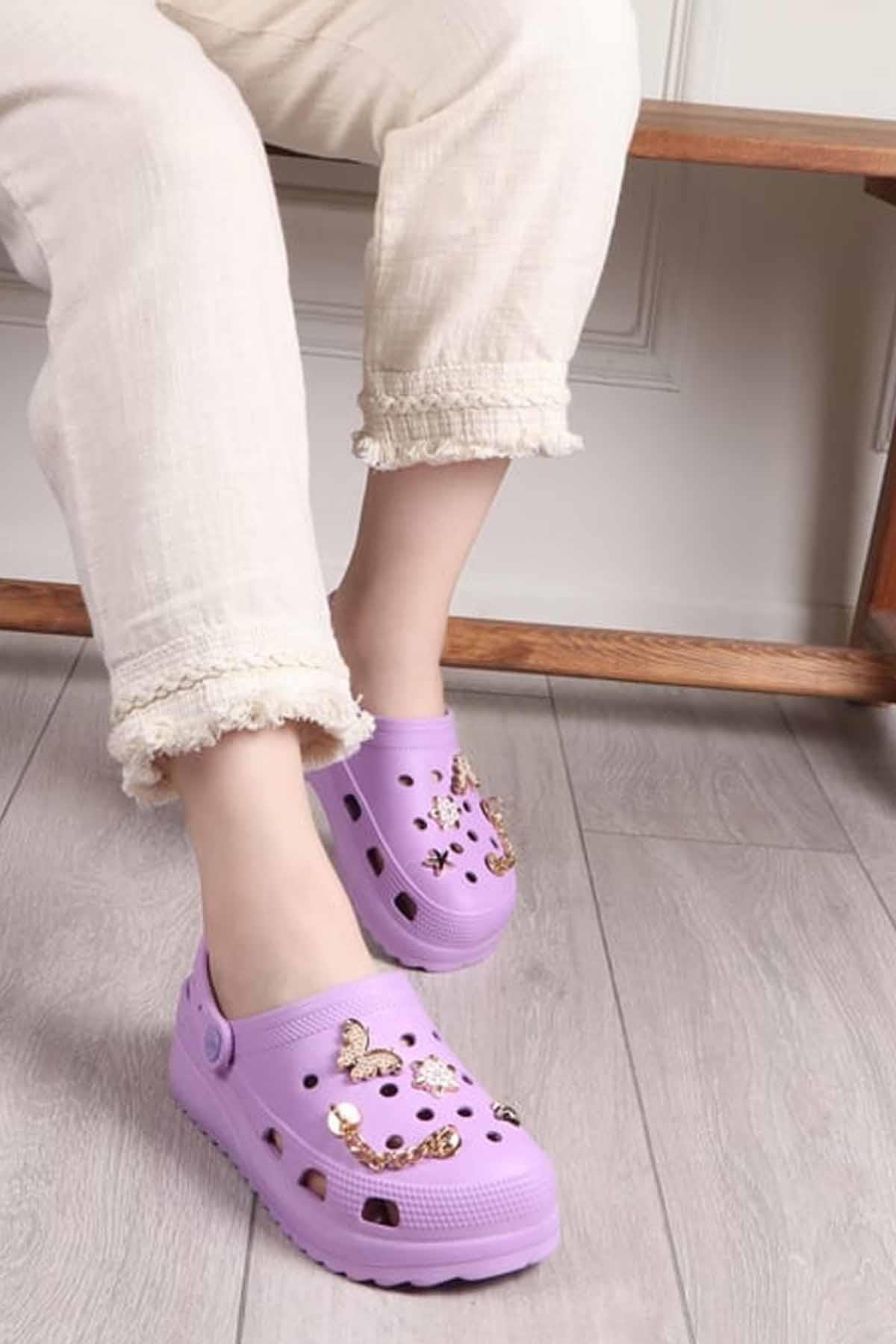 REKOR SPORTerlikKadın Yüksek Taban Taşlı Deniz Havuz Sabo Doktor Hemşire Hastane Comfort Günlük Kadın Terlik Ayakkabı R-S 205LİLLila