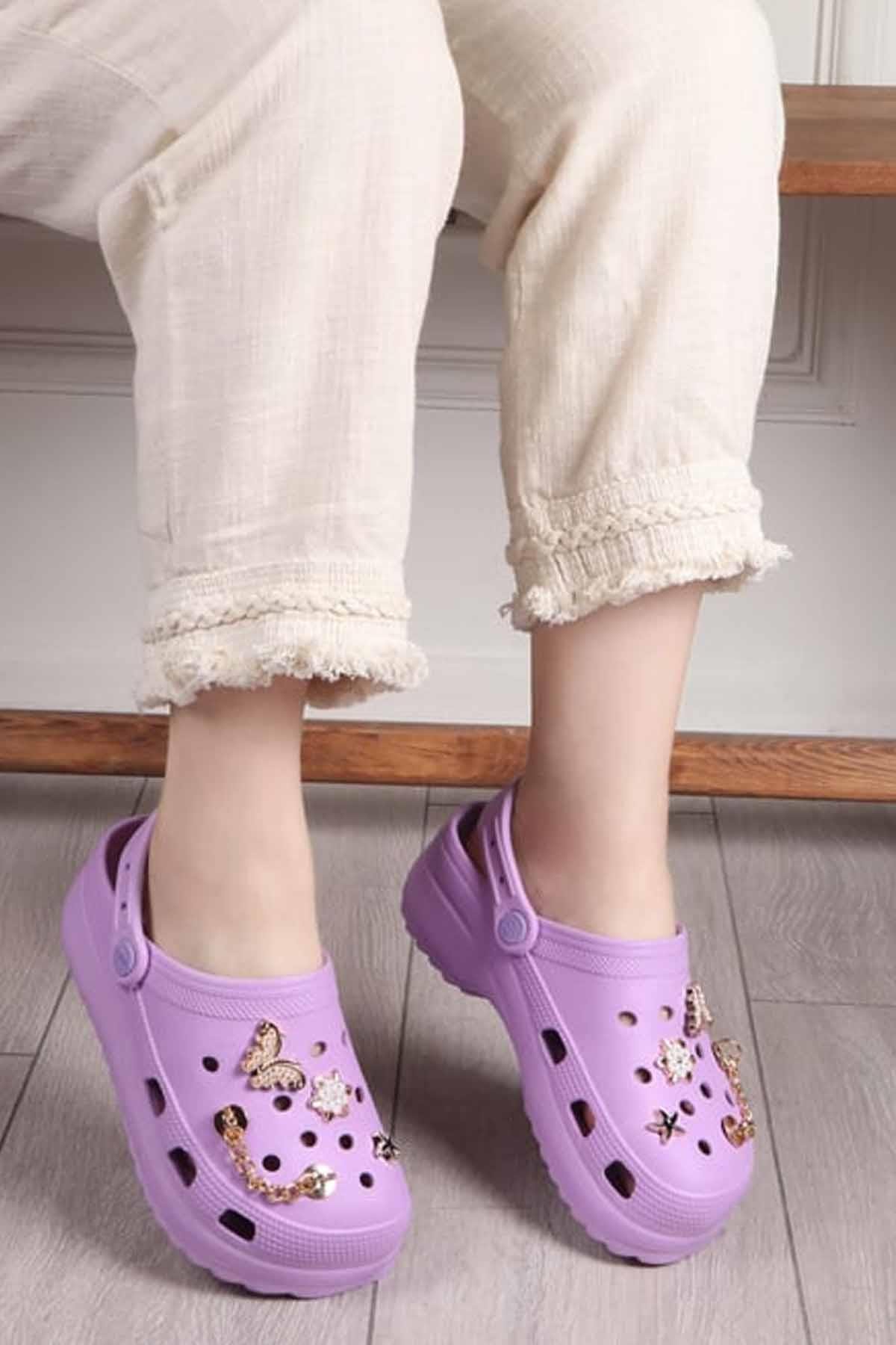 REKOR SPORTerlikKadın Yüksek Taban Taşlı Deniz Havuz Sabo Doktor Hemşire Hastane Comfort Günlük Kadın Terlik Ayakkabı R-S 205LİLLila